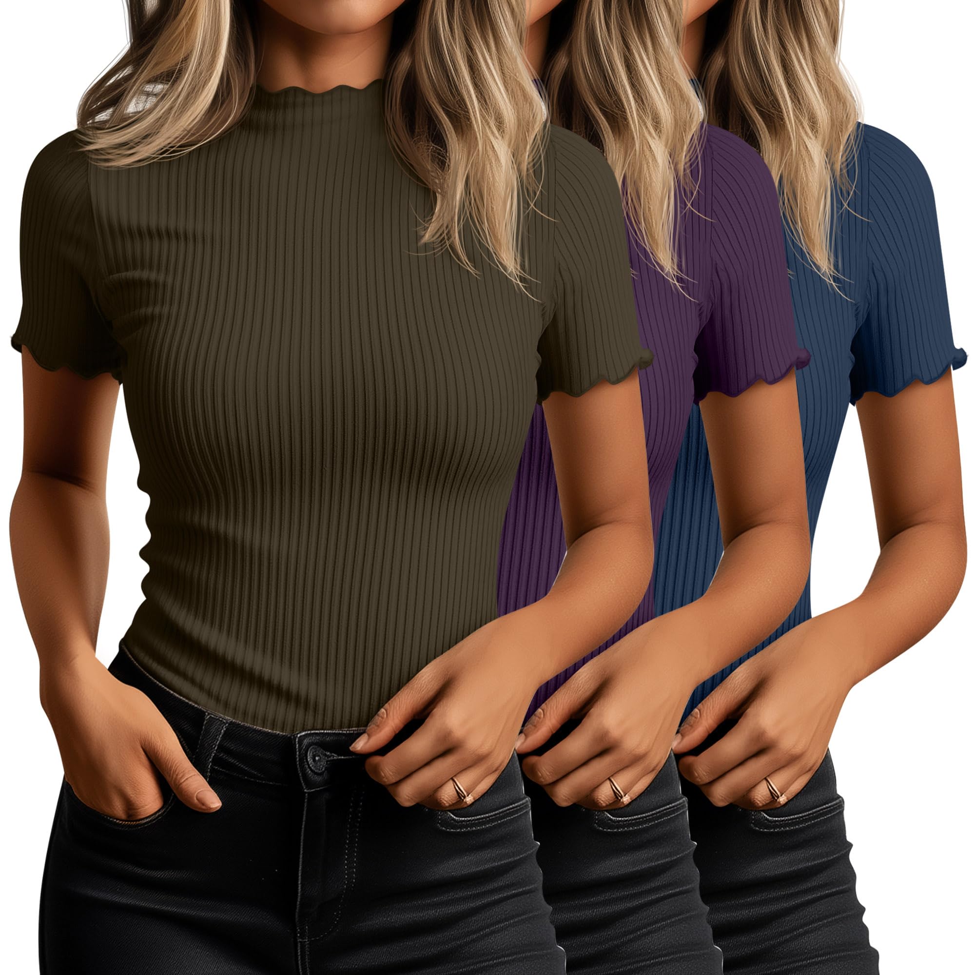 Huukeay 3 Pack Women's Mock Turtleneck Tops Short Sleeve Shirts