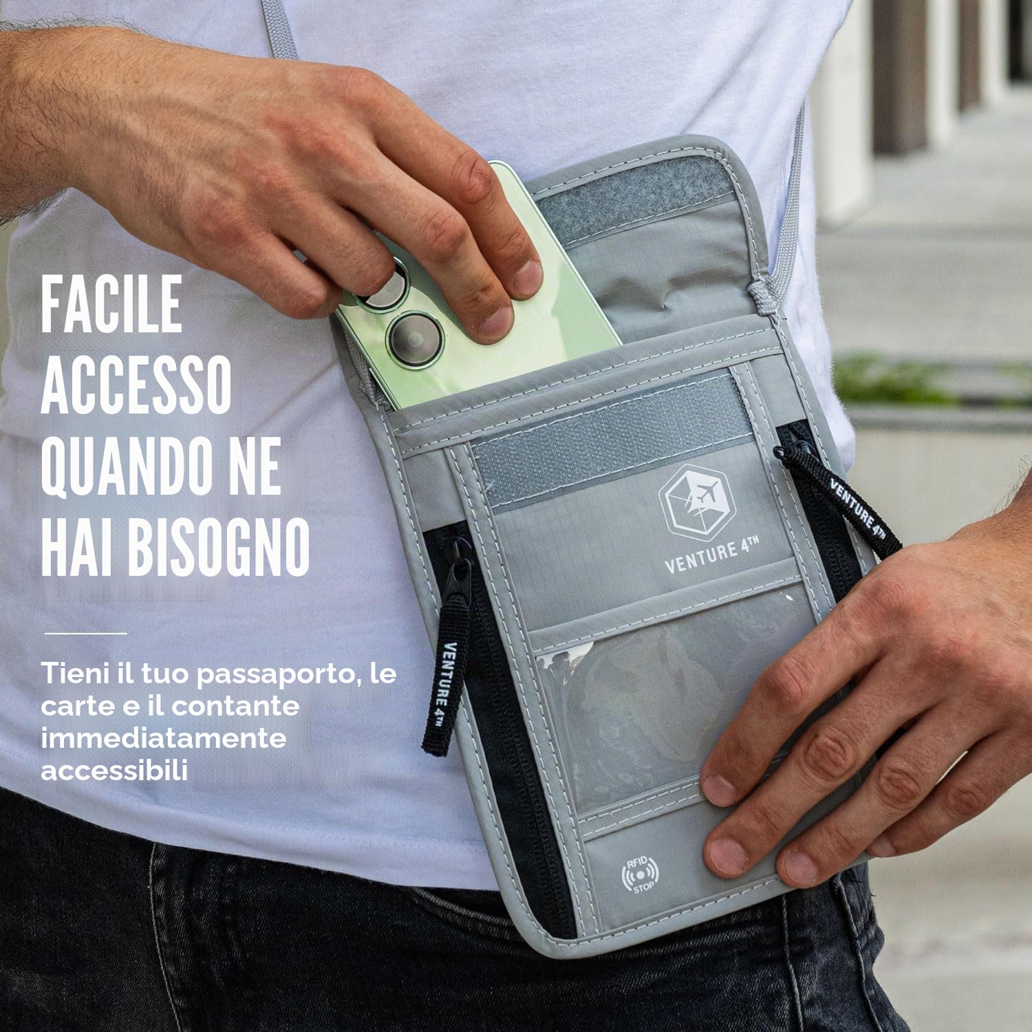 Borsello da Viaggio da Portare al Collo con Protezione RFID Portapassaporto Portafoglio da Viaggio Organizer e Custodia Documenti Antifurto