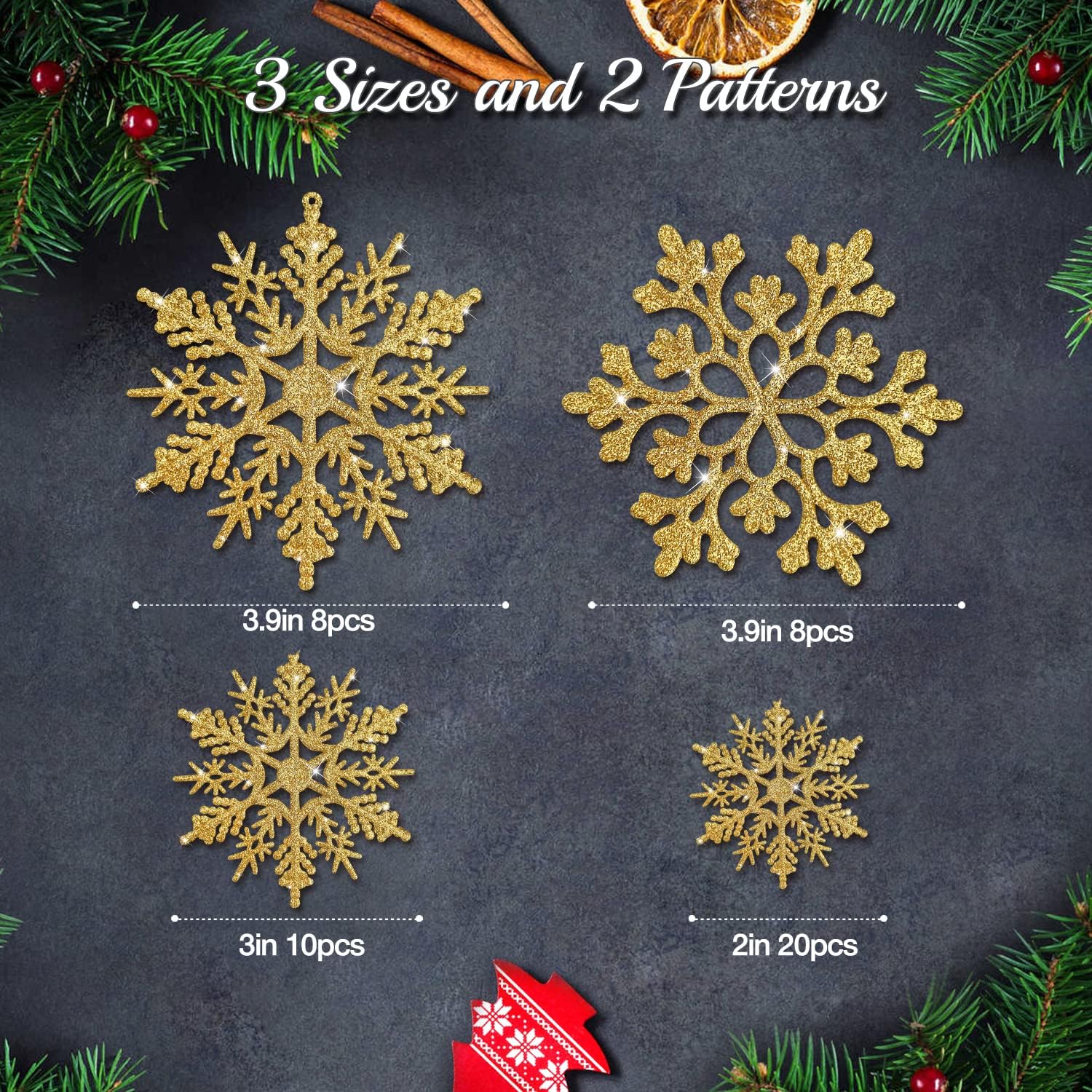 46 Pcs Gold Glitter Snowflake Ornaments Various Size Plastic Winter Snowflakes Ornaments Christmas Tree Decorations with Gold Rope for Winter Wonderland Christmas Tree Window Door Accessories