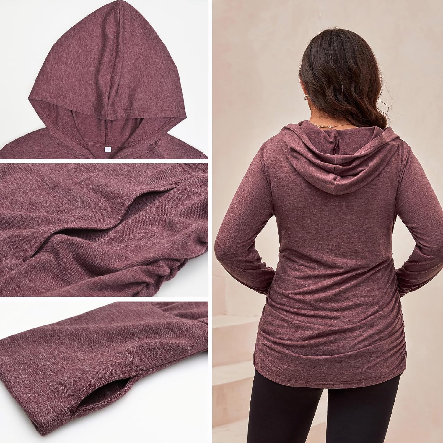DEBELLY Maternity Sweatshirts Long Sleeve Full Zip Hoodie Casual Pregnancy Women Jacket Top with Pockets,Thumb Hole,Side Ruch - Image 5
