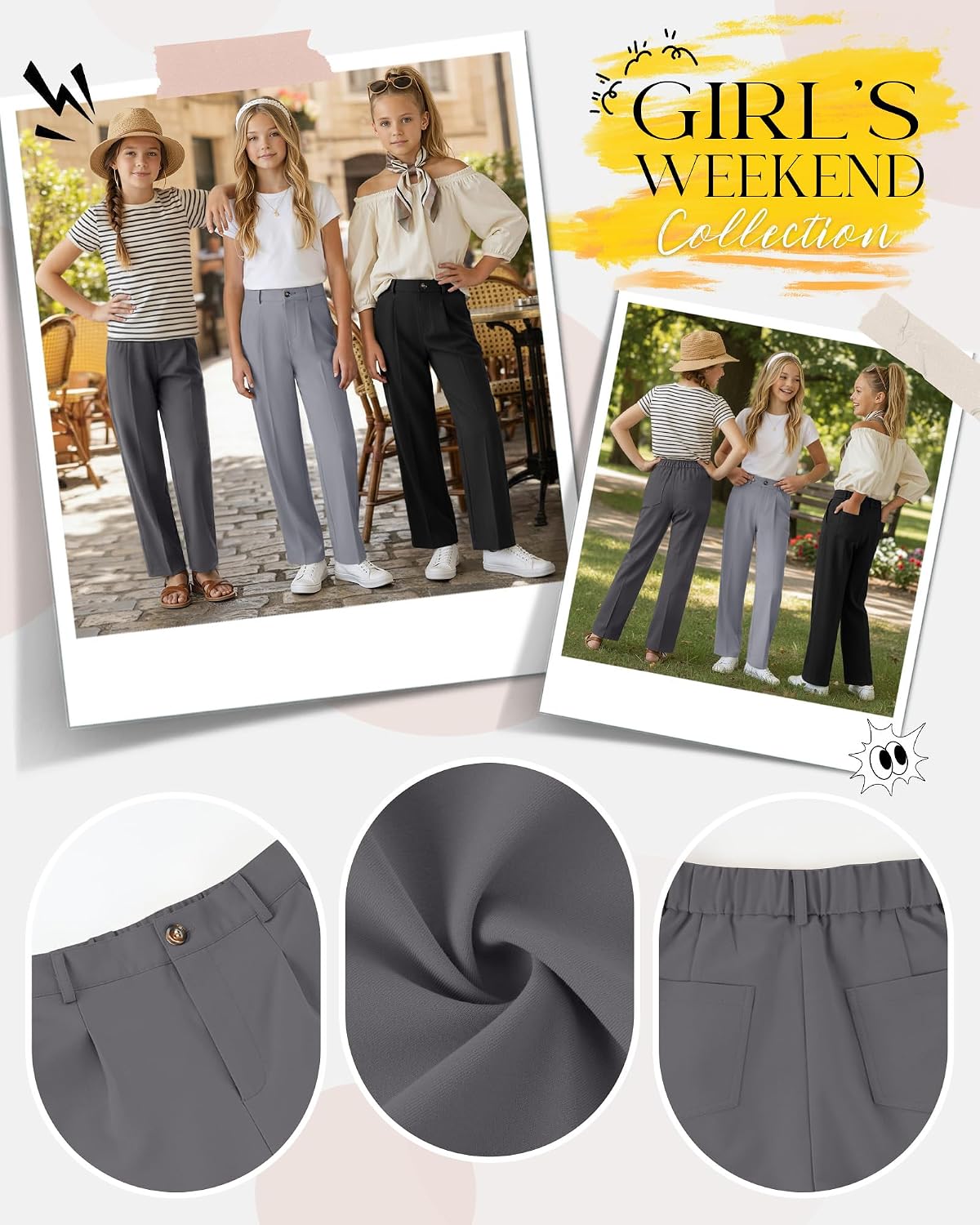 3 Pack Girls Dress School Pants 5-14Y High Waist Straight Leg Uniform Pants Casual Preppy Trousers with 4 Pockets