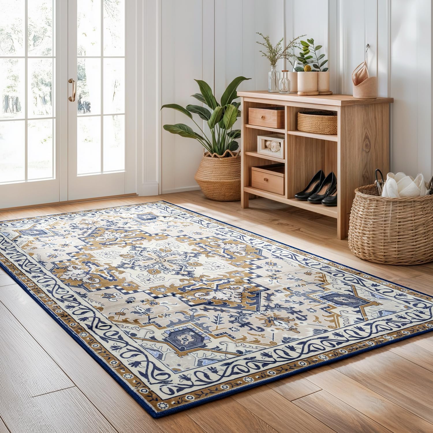 Rugflix 3x5 Area Rug for Living Room, Machine Washable Area Rugs with Non-Slip Backing, Large Soft Boho Vintage Rug for Bedroom, Dining Room, Low Pile Carpet, Kids Pet Friendly, Brown Beige