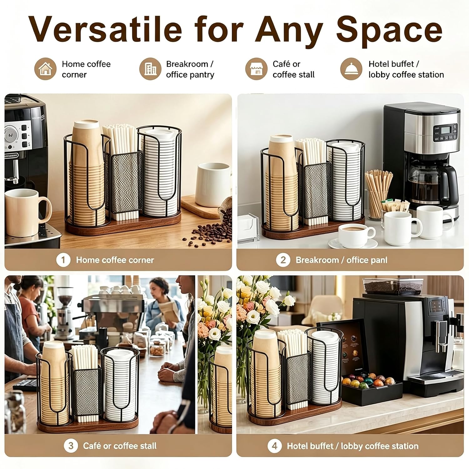 Coffee Cup and Lids Holder - Disposable Cups Straws Organizer with Wood Base-3-Compartment Paper Plastic Cup Holder Dispenser Storage for Countertop Coffee Station Bar Restaurant Office Breakroom
