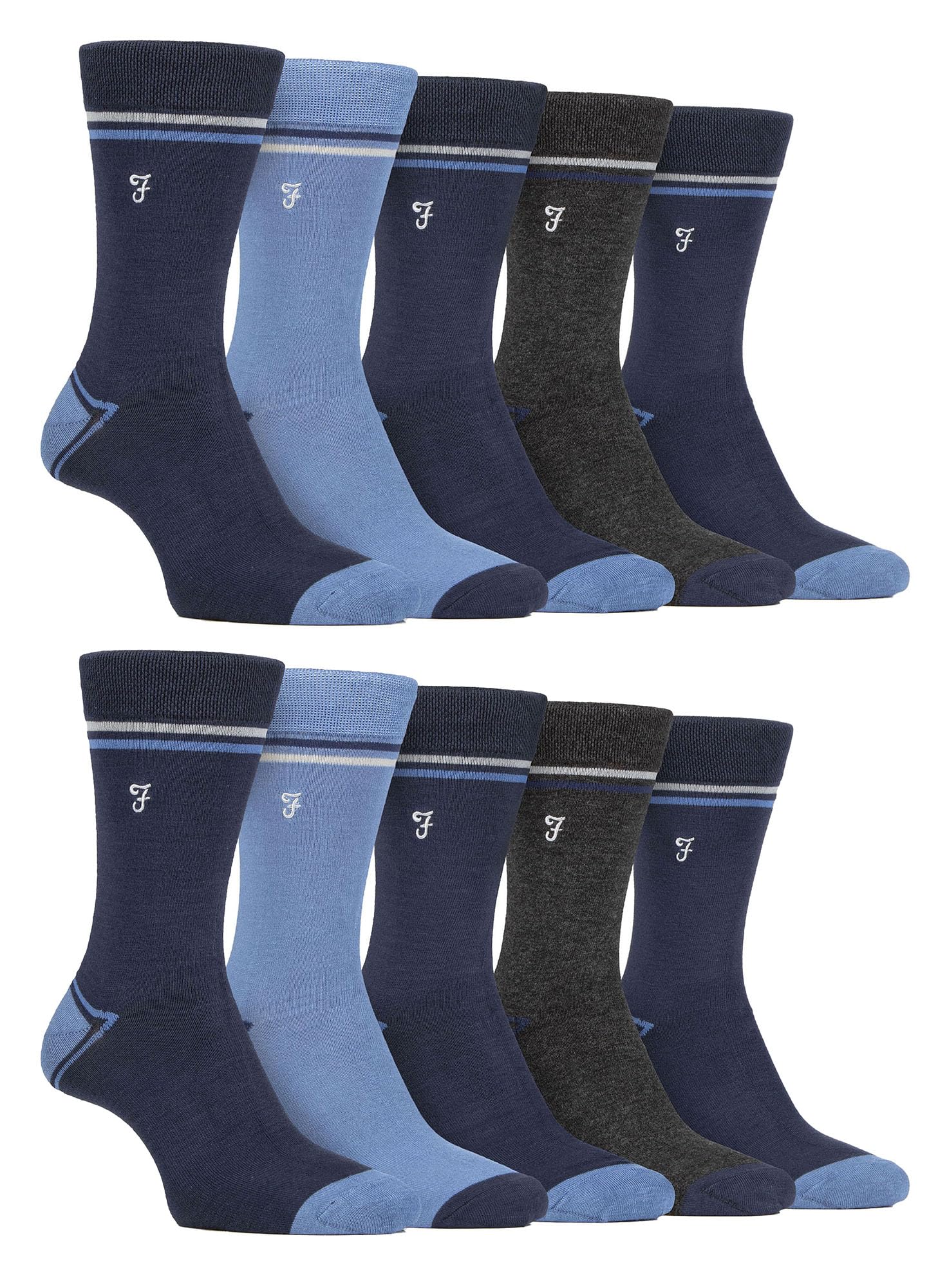 Farah 10 Pairs Multipack Mens Bamboo Dress Socks Bright Cotton Socks with Gentle Grip Top (6-11, Navy/Blue)