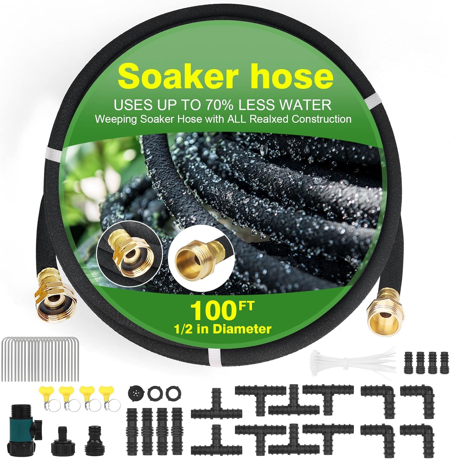 Soaker Hose with Solid Brass Connectors 100 FT for Garden Beds 1/2 Inch