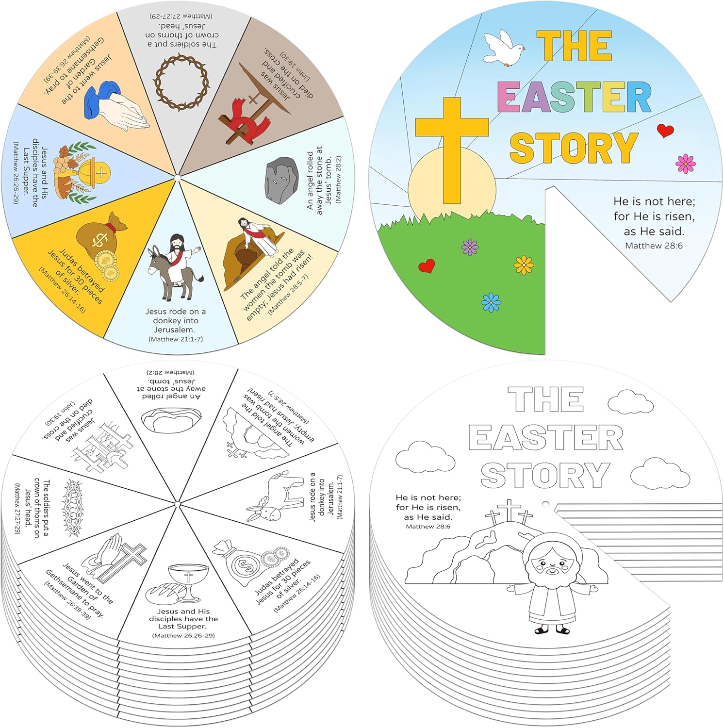 COcnny 24 Sets The Easter Story Craft, Color Your Own Easter Jesus Wheel for Kids, Religious Bible Coloring Cards DIY Crafts Art Game for Sunday School Christian Classroom Home Activities VBS Supplies