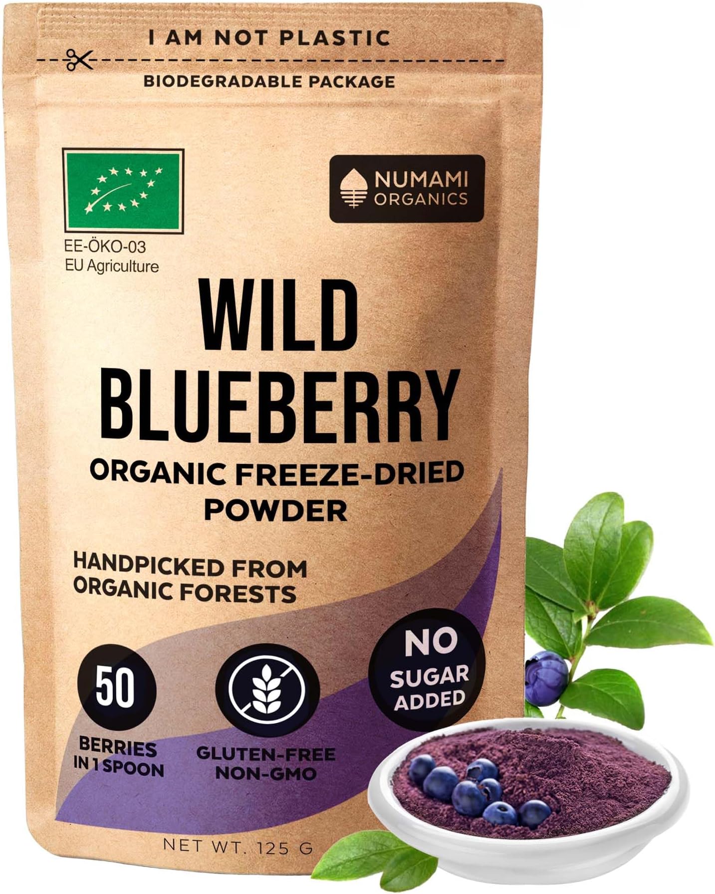 Numami Wild Blueberry Powder Organic, for Smoothies, Baking and Flavoring, Rich in Antioxydants and Vitamin C, Organic Blueberries are Handpicked from Nordic Forests for Freeze Dried Blueberry Powder