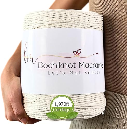 BOCHIKNOT Cordón de macramé de 0.118 in x 650 yardas, cordón de algodón de una sola hebra para colgar en la pared y manualidades, color natural