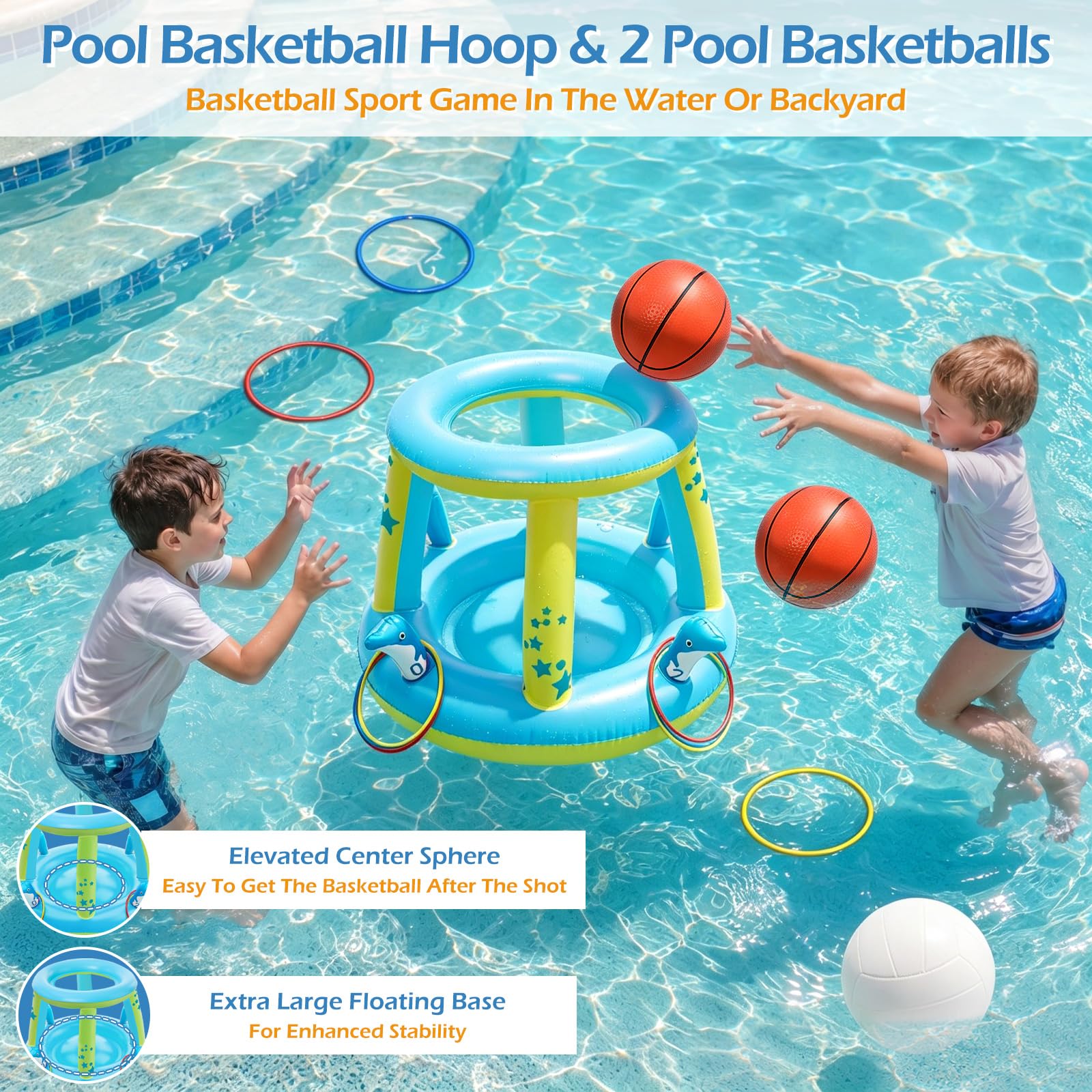 Jasonwell Ensemble de jeux de piscine - 3 en 1 : filet de volleyball, panier de basketball, jeu de bagues à suspendre, flotteurs gonflables, volleyball flottant, jeux d’eau pour piscine, fête, cadeau