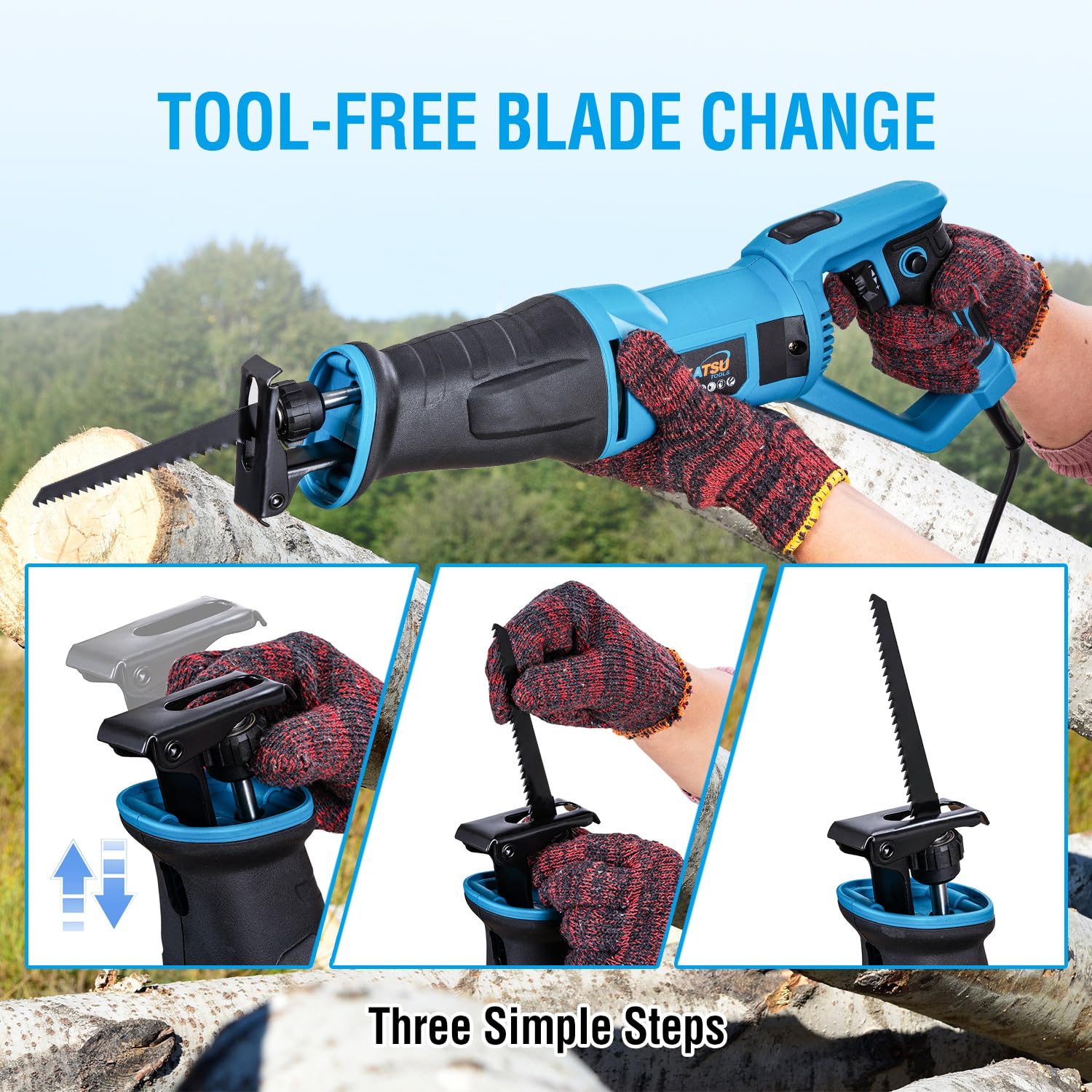 KATSU Tools Sierra alternativa de 750 W, carrera de 20 mm, 2800 rpm, velocidad variable, sierra de sable eléctrica con cable para cortar madera, metal y PVC