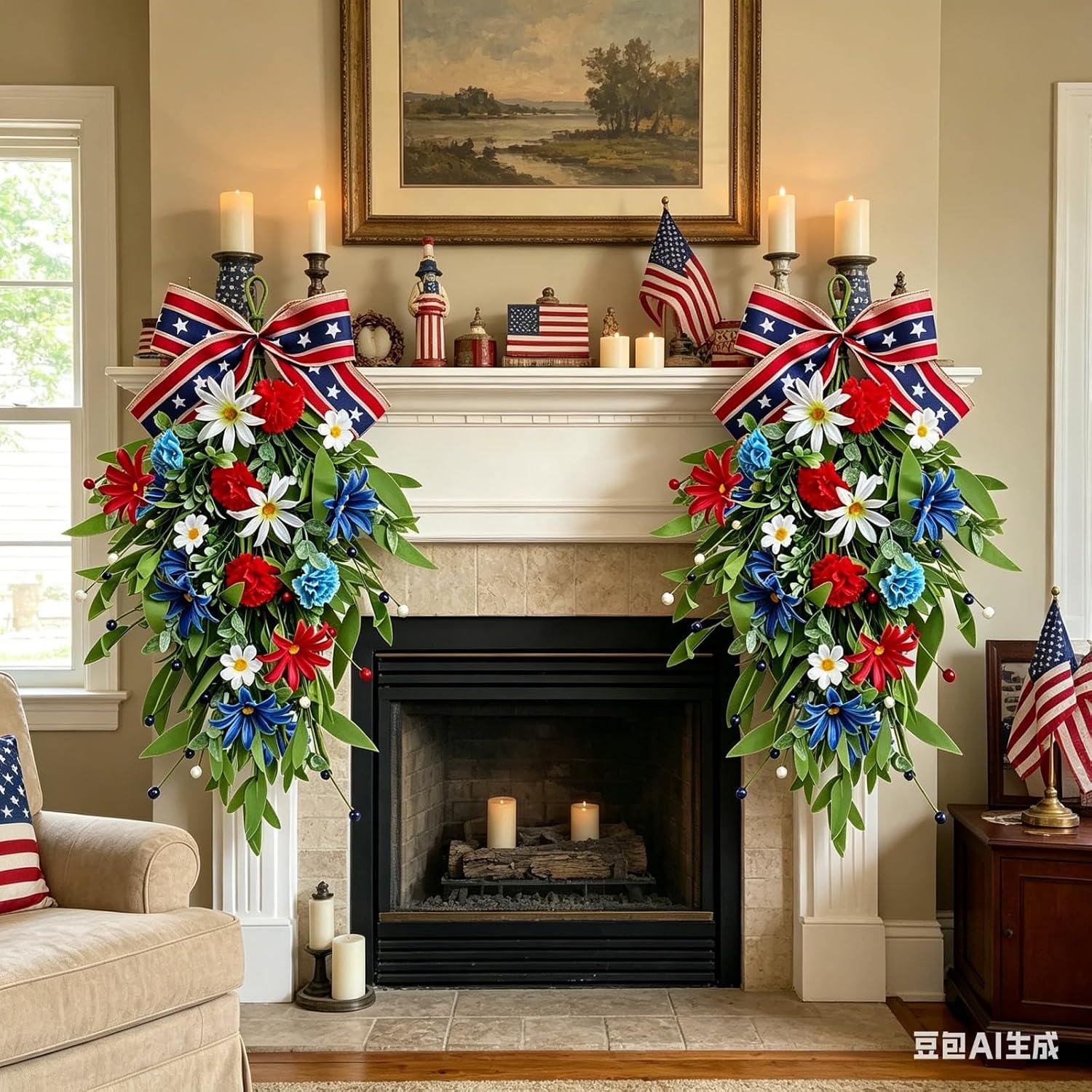 2 Pack 21'' Patriotic Swag Wreaths for Cabinets Artificial 4th of July Teardrop Wreath with Carnations and Daisies Red White Blue Floral for Independence Day Memorial Day Front Door Porch Window Wall
