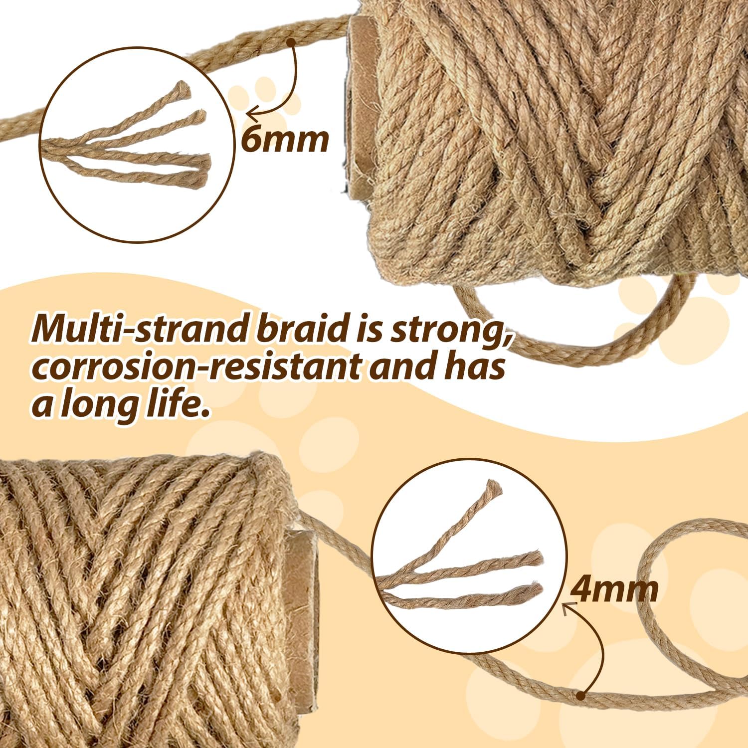 Natural Sisal Rope for Cat Scratcher,1/6 inch,164Ft,Natural Jute Rope for Cat Scratcher Repair and DIY Tree, Recovering, Hemp Twine Rope for Cat Scratching Post Tower Replacement with Chew Toy image 4