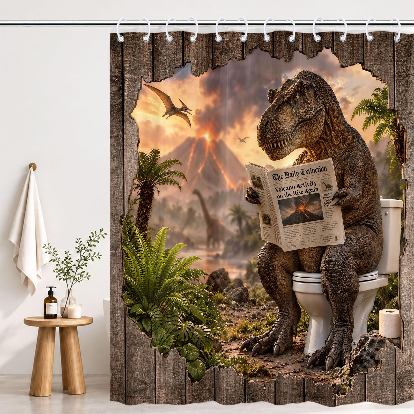 Funny Dinosaur Shower Curtain with Hook, Rustic Novelty Animal Bath Curtain
