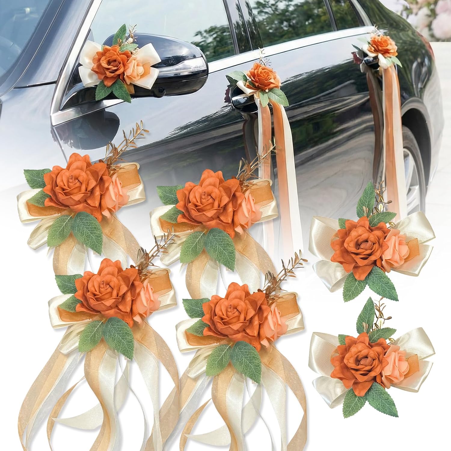 6 Pcs Ivory & White Rose Wedding Car Decoration Kit – Bouquet Door Handle & Rearview Mirror Flowers with Satin Ribbon Bows, Gold Leaf, Artificial Floral for Just Married Car Decor (Champagne Orange)