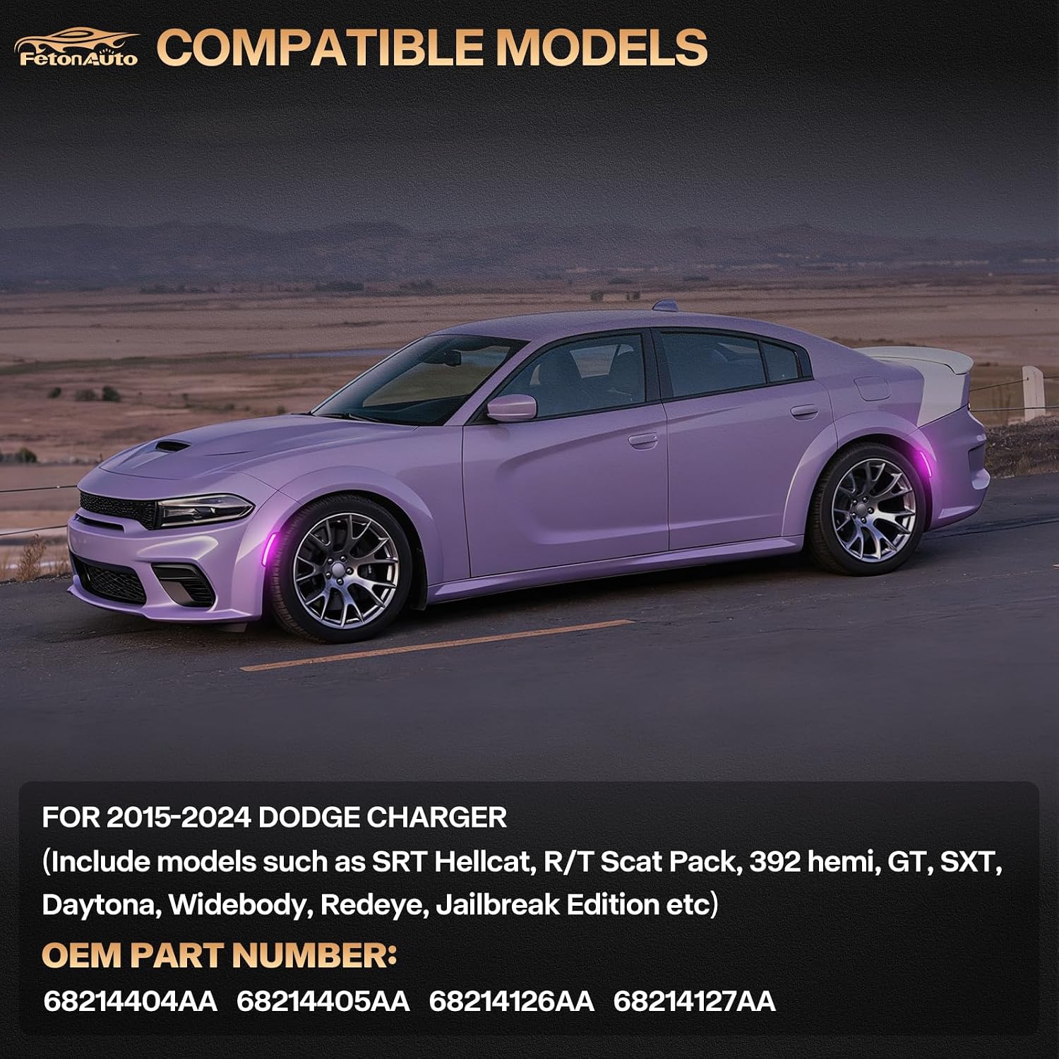 Dynamic Pink Purple LED Side Marker Lights for Dodge Charger 2015 2016 2017 2018 2019 2020 2021 2022 2023 2024 Front Rear Bumper Sequential Signal Lamps, 4PCS Smoked Lens