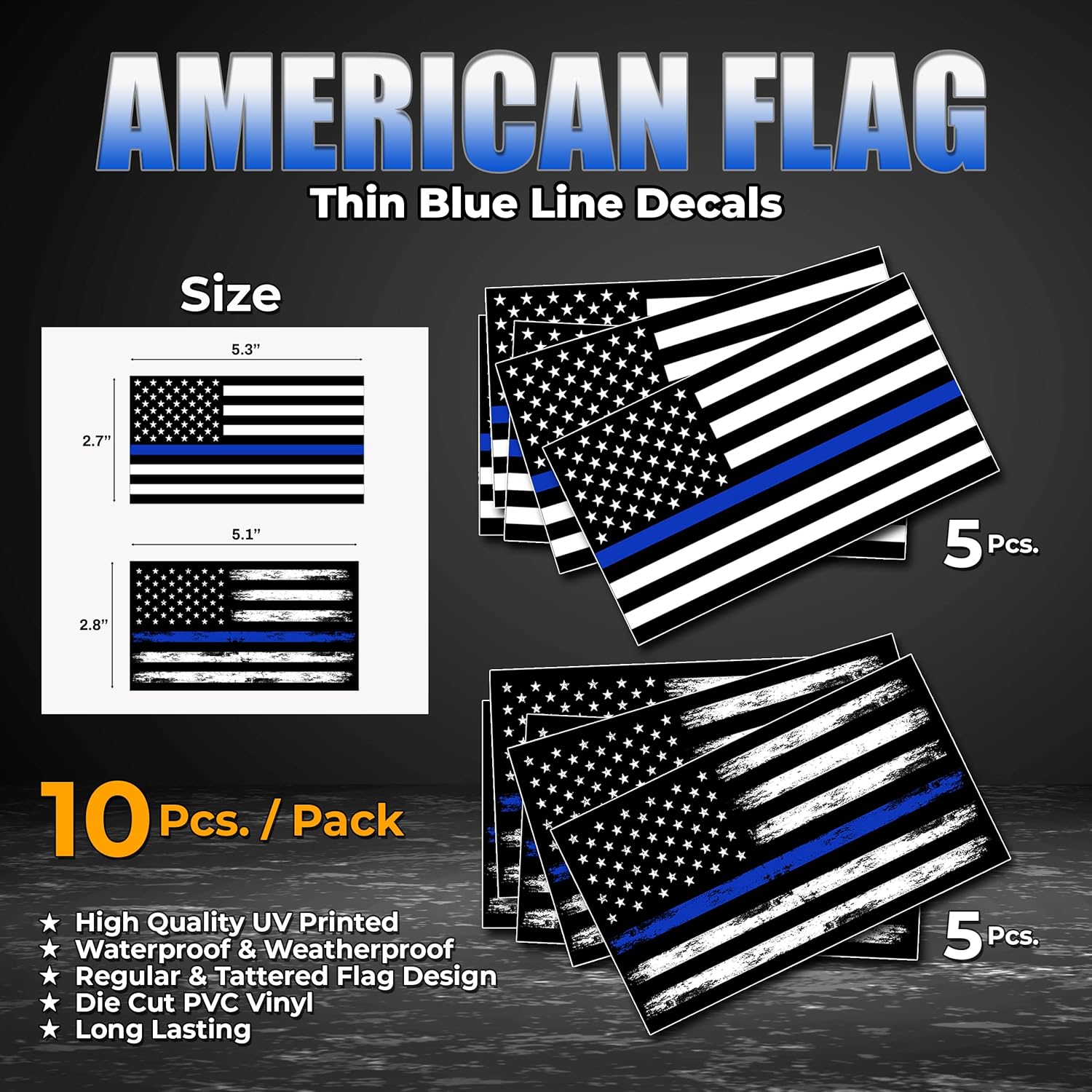 GRITKULTURE 5.1 Inch X 3 Inch Thin Blue Line US Flag Decal Stickers Pack of 10 for Trucks Cars American Flag Black American Flag Back The Blue Decals Car Bumper - Image 2