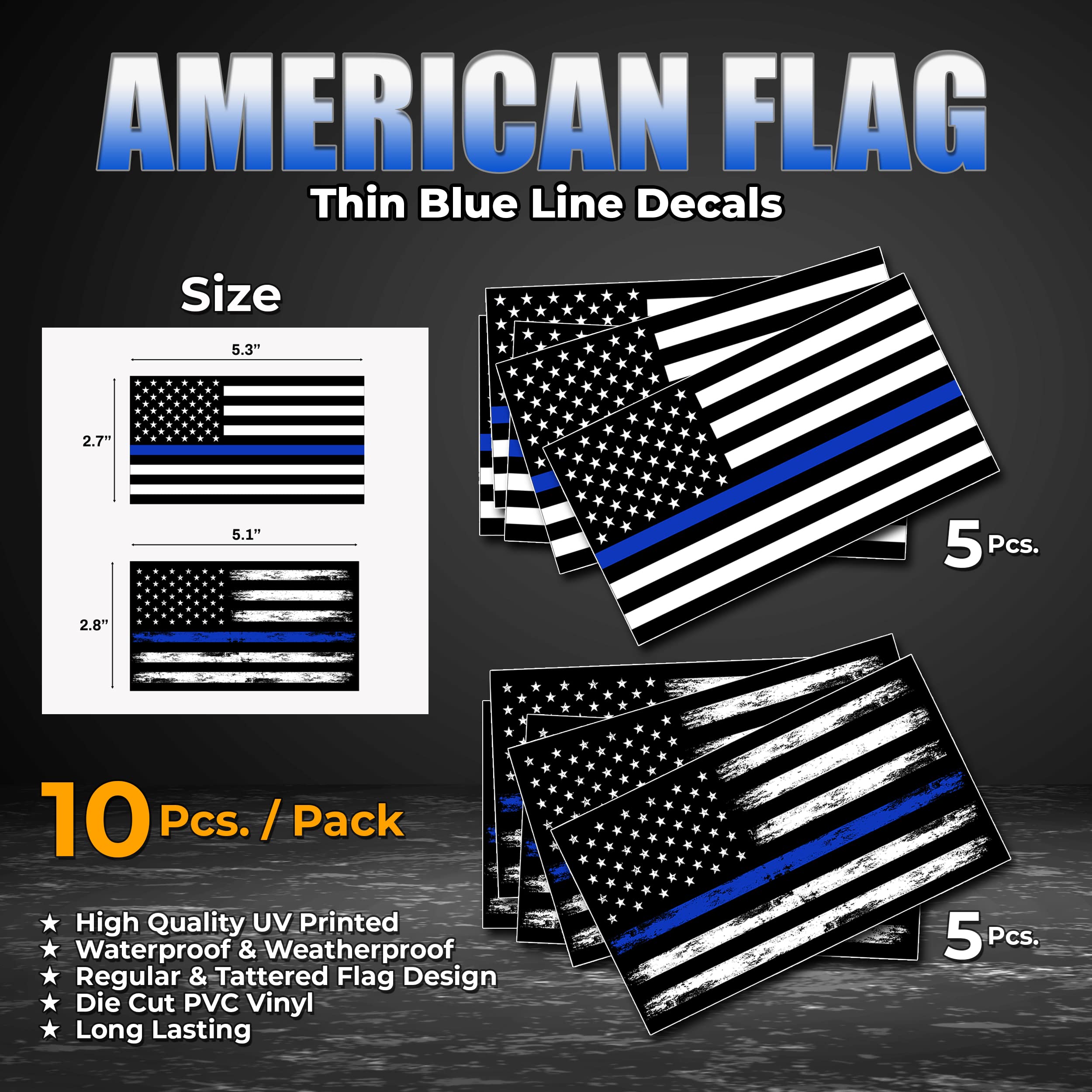 GRITKULTURE 5.1 Inch X 3 Inch Thin Blue Line US Flag Decal Stickers Pack of 10 for Trucks Cars American Flag Black American Flag Back The Blue Decals Car Bumper