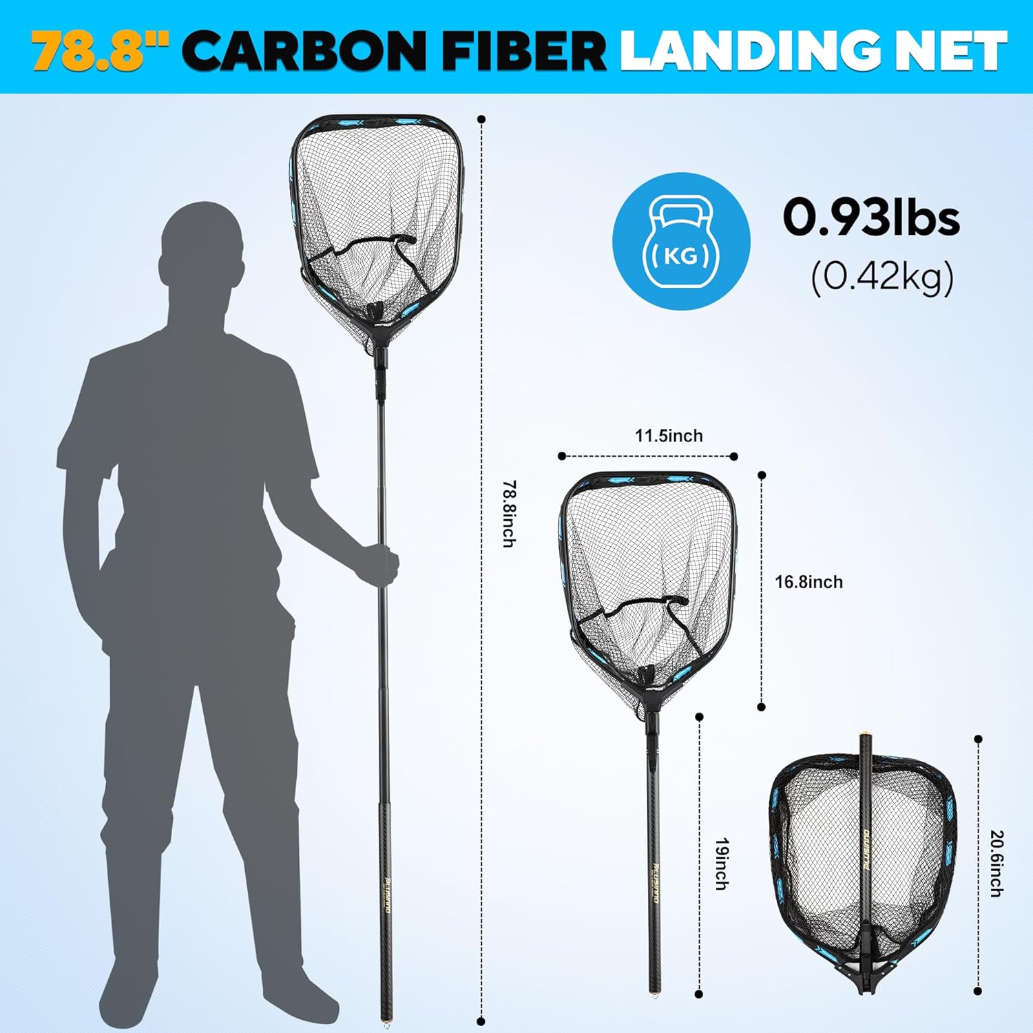 PLUSINNO Floating Fishing Net with Telescoping Handle, Carbon Fiber Ultralight Long Fish Net, Collapsible Landing Net 6.56/7.86Ft, Fishing Gear Kayak Accessories for Bass Trout Salmon