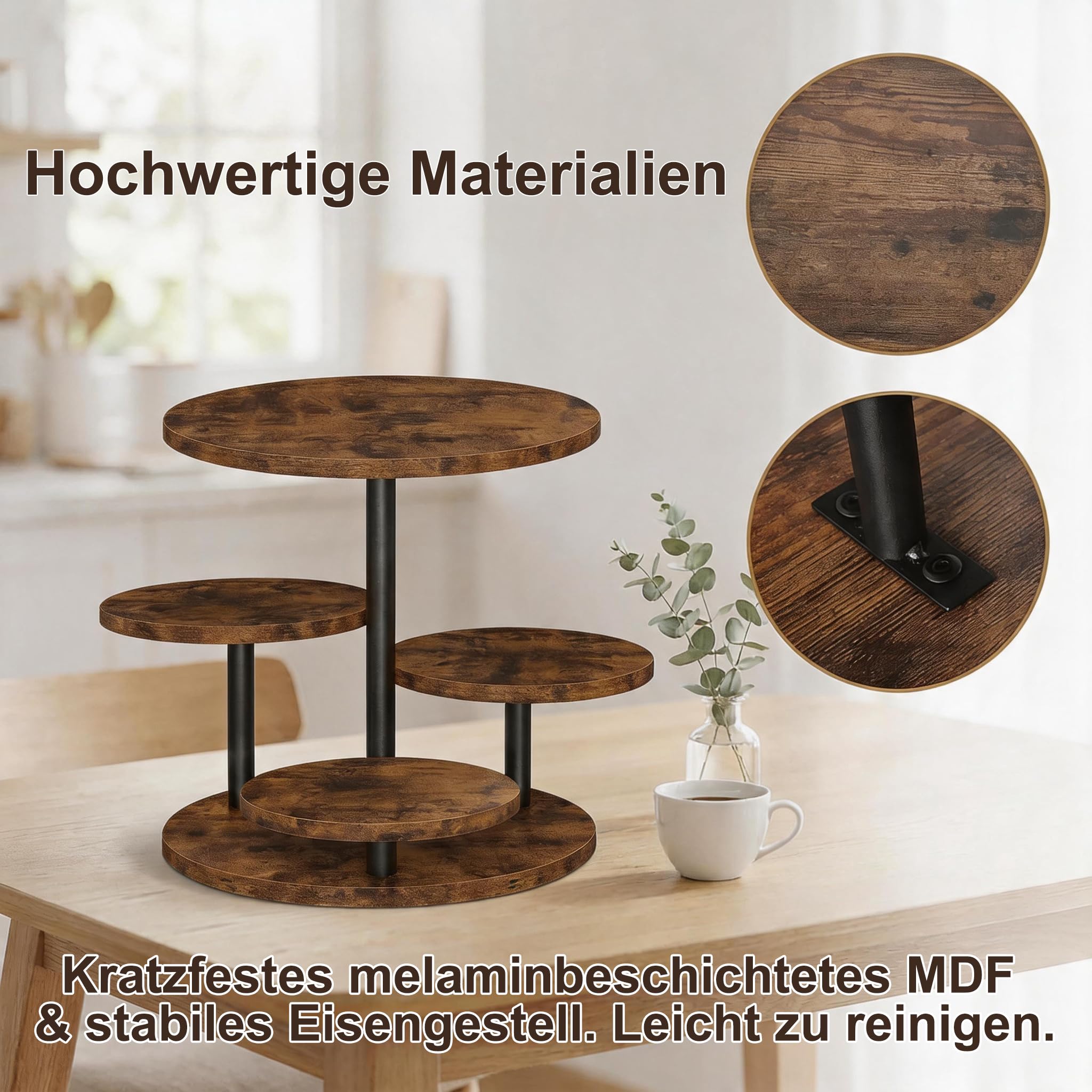 FUSHITON 360° drehbarer 4-stöckiger Ständer aus melaminbeschichtetem MDF & Metall, Etagere für Kuchen, Cupcakes, Deko, Pflanzen, Party, Kaffeetafel, Ø30/20 cm, H32,5 cm