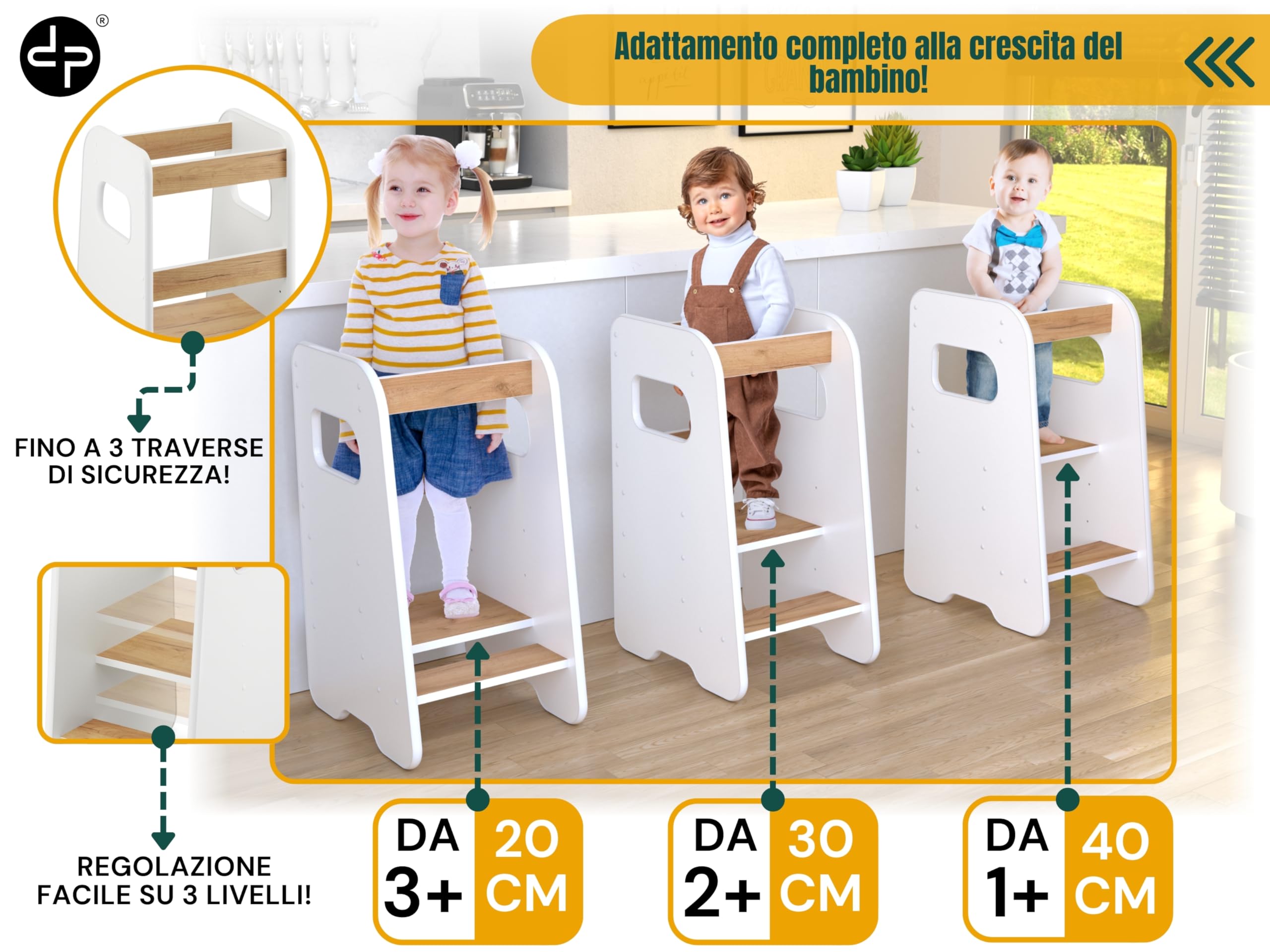 Torre Montessoriana bambini 1 anno Altezza regolabile 3 livelli Sgabello cucina Learning tower Bianco & Rovere