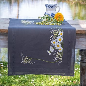 Vervaco Table Runner Satin Stitch Set Daisy Embroidery Picture Printed