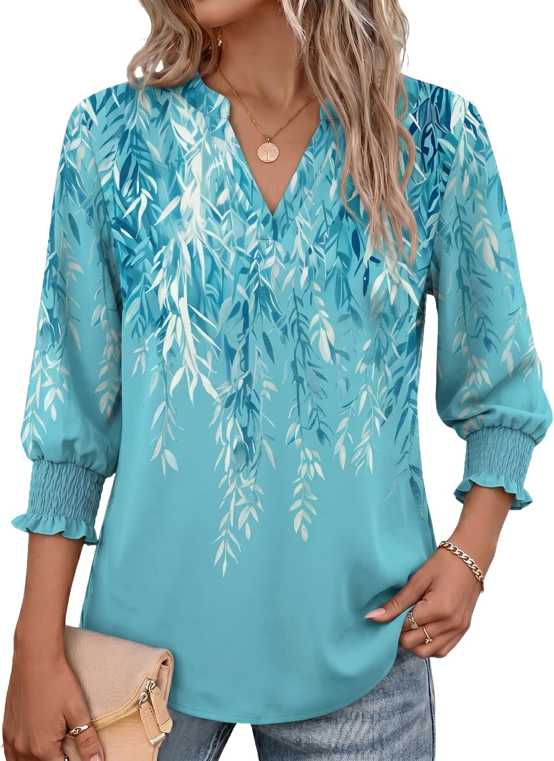 Zeagoo 3/4 Length Sleeve Womens Tops 2025 Floral Womens Blouses V Neck TunicTops with Smocked Cuffs