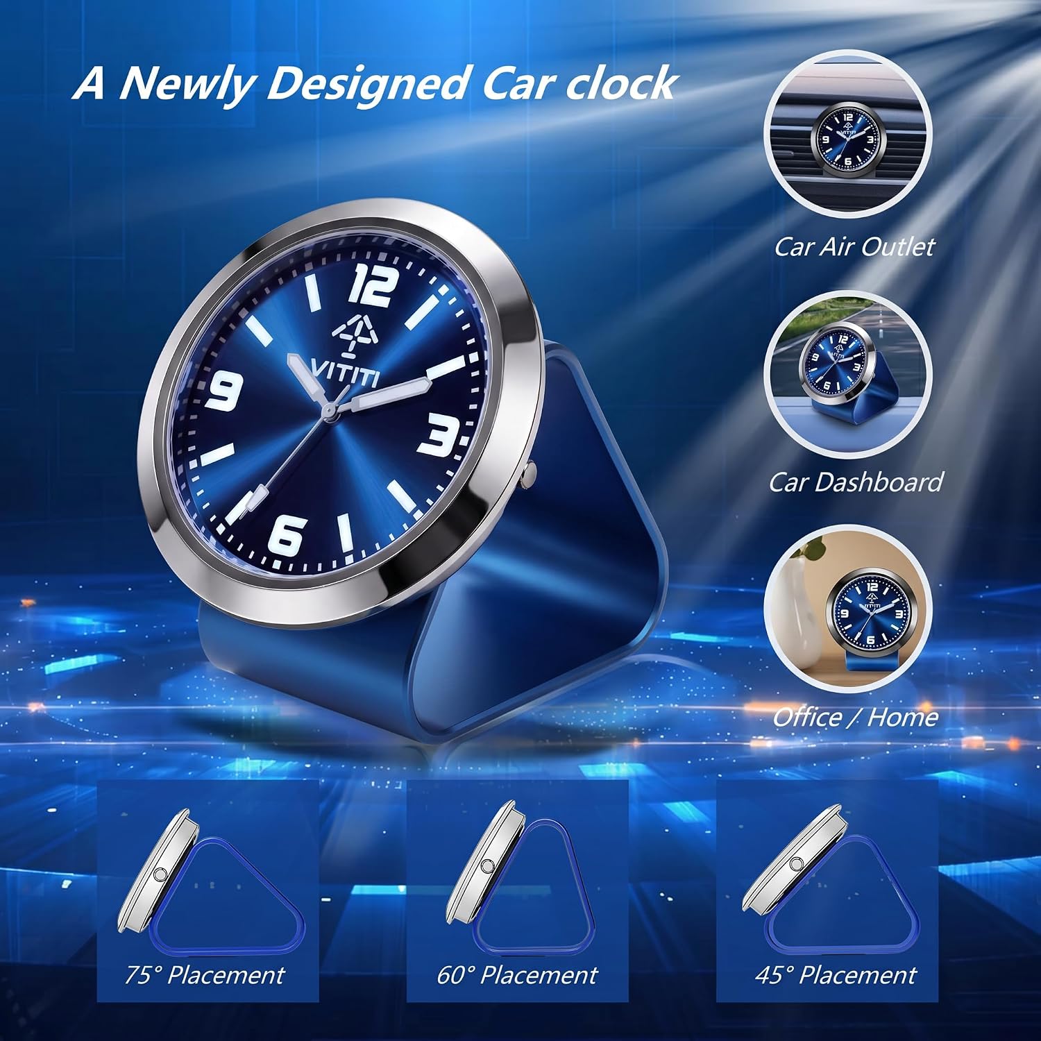 Luminous Analog Dashboard Clock, Self-Glow Quartz Car Clock for Night Driving, Polished Silver Frame for Cars, Trucks, SUVs and RVs