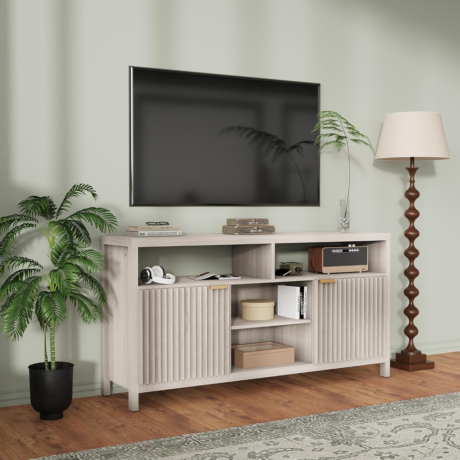 Fluted Design TV Stand - Fits 65 Inch TVs, Mid Century Modern Wood Entertainment Center - Adjustable Shelves, Ample Storage - Slim Farmhouse Media Console for Living Room or Bedroom, Oak Ash