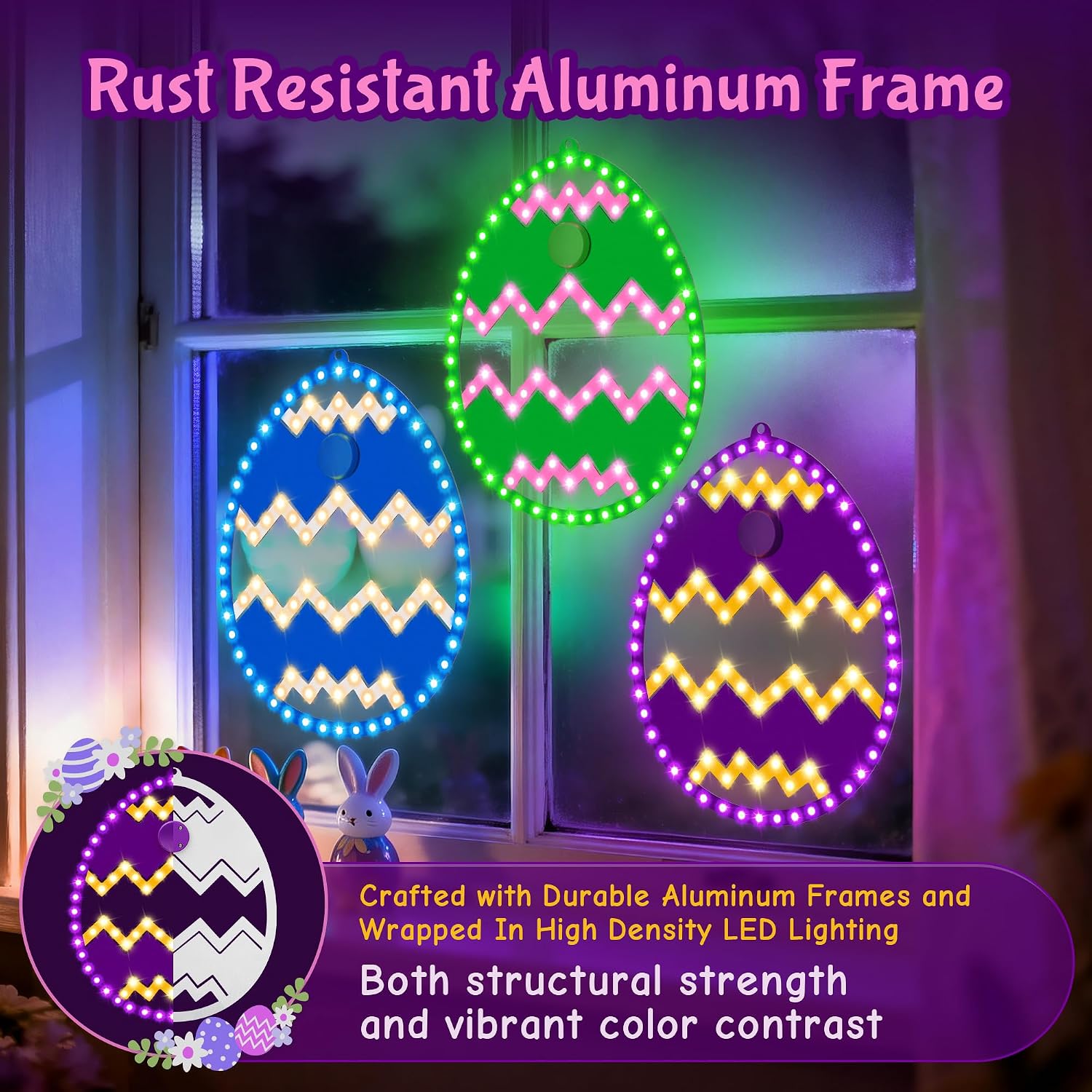 3 Pack 10" Easter Classics Twinkling LED Eggs, Hi Vibrant Aluminum Frame Eggs Spring Window Silhouette LED Lights, Holiday Waterproof Indoor Outdoor Decoration