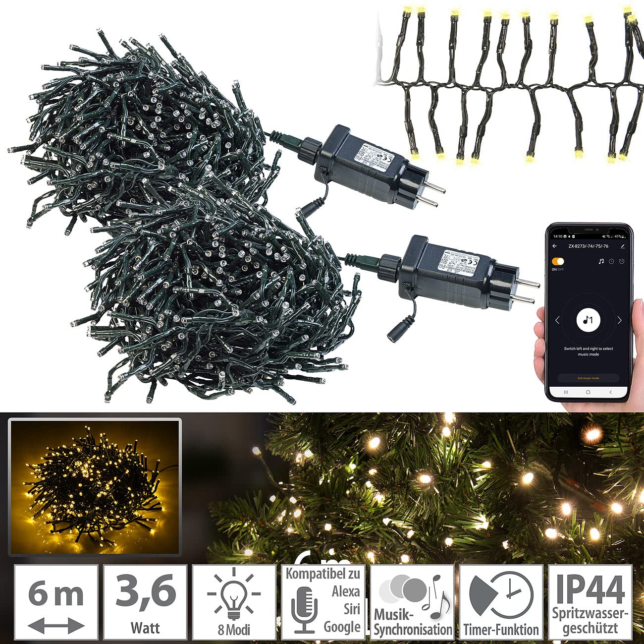 Lunartec Lichterkette Weihnachten: 2er-Set WLAN-LED-Büschel-Lichterketten, 600 LEDs, App, 12m, dunkelgrün (Büschel-Lichterkette aussen, App gesteuerte Lichterketten, Dimmer)