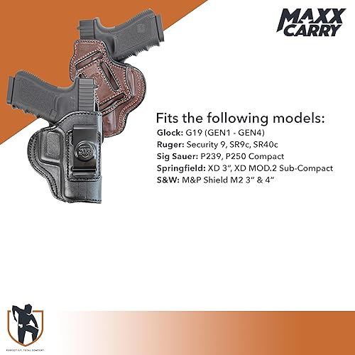 Miniatura 4 de Maxx Carry Funda de cuero prémium para pistola OWB e IWB de 4 vías para G 19 (GEN 1 - GEN 4)  G 19X 23 32  S&W M&P Shield 2.0  Ruger Security 9,