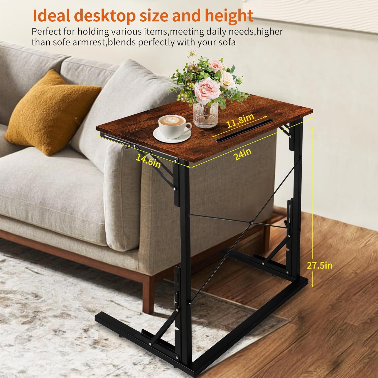 24 inch Foldable TV Tray Table, Foldable Portable C-Shaped Sofa end Table, Oversized Sofa Side Laptop Desk, Suitable for Living Room and Bedroom (2, Rustic Brown)