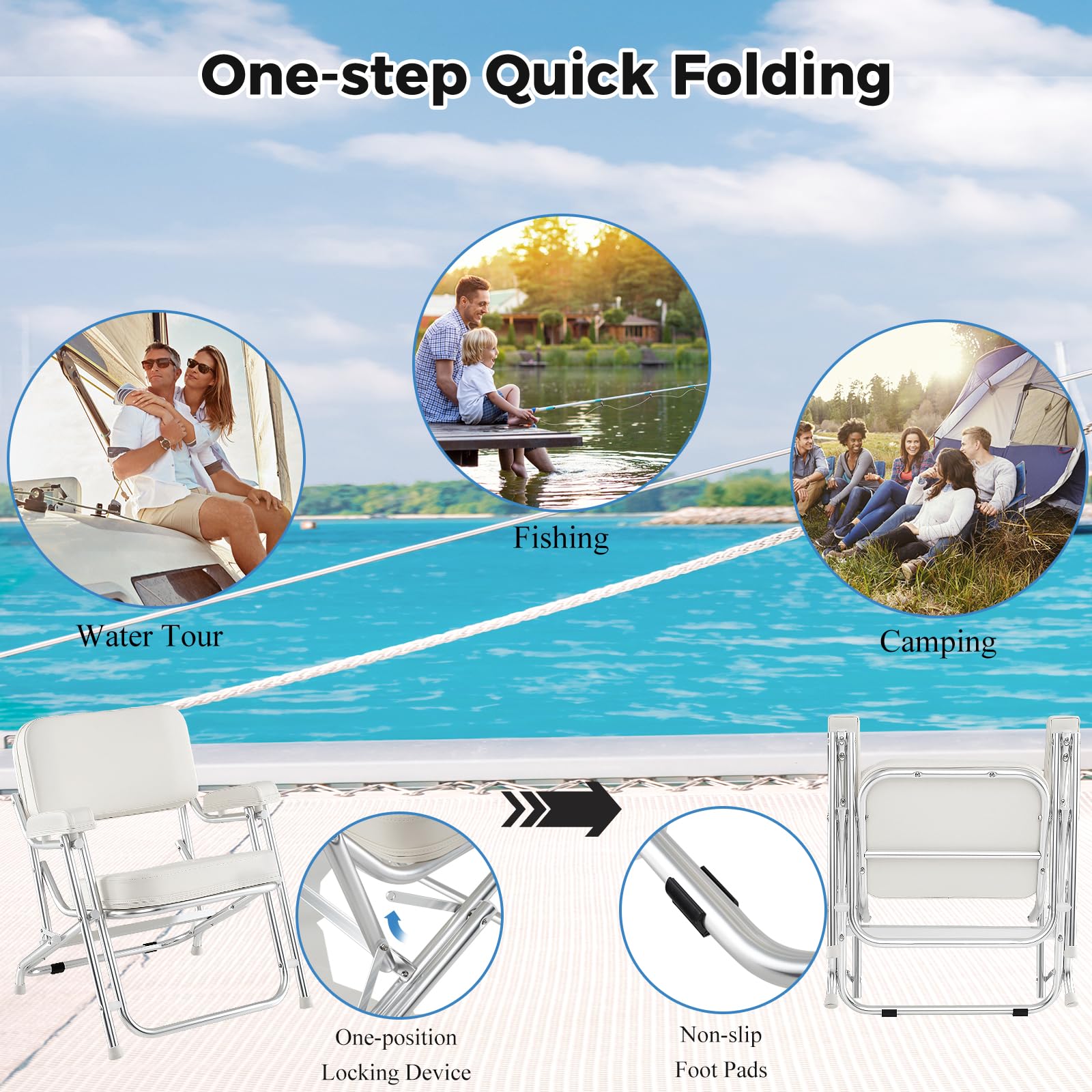 HOMASIS Sedia da Barca Pieghevole per Imbarcazioni, Sedile Timone Portatile con Schienale Ergonomico, Struttura in Alluminio, per Yacht e Campeggio, Carico 150 kg, 66,5 x 65 x 78 cm, Bianco