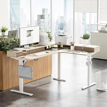 FEZIBO L-Shaped Electric Standing Desk, 63 x 48 Inches Large Height Adjustable, Corner Desk with Drawers, Ergonomic Computer Table, Light Walnut Top