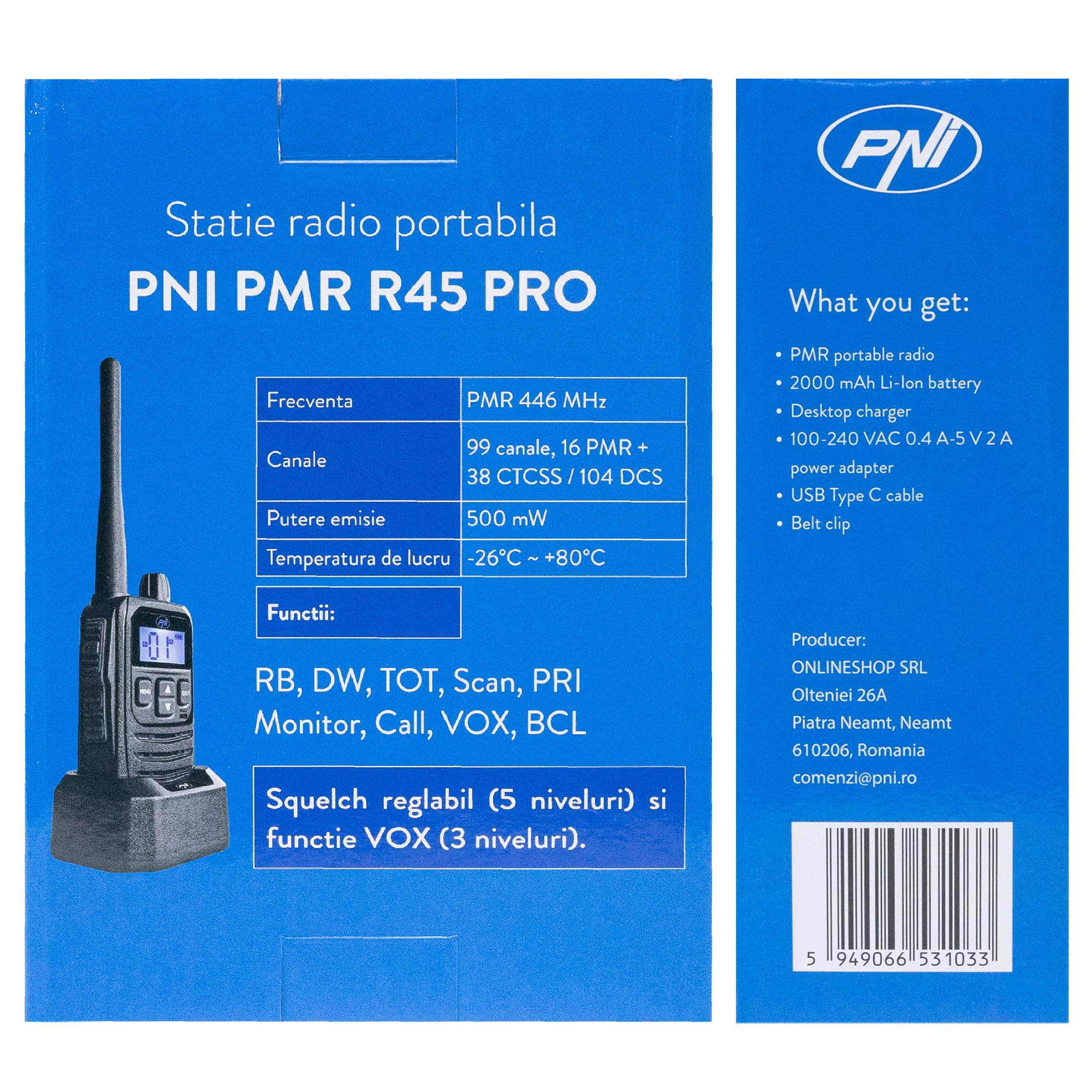 Portable Radio Station PNI PMR R45 Pro 446MHz, 0.5W, 99 programmable Channels, 16 PMR and 38 CTCSS and 104 DCS Tones, 5-Level Squelch, VOX, Tot, BCL, Scan, Roger Beep