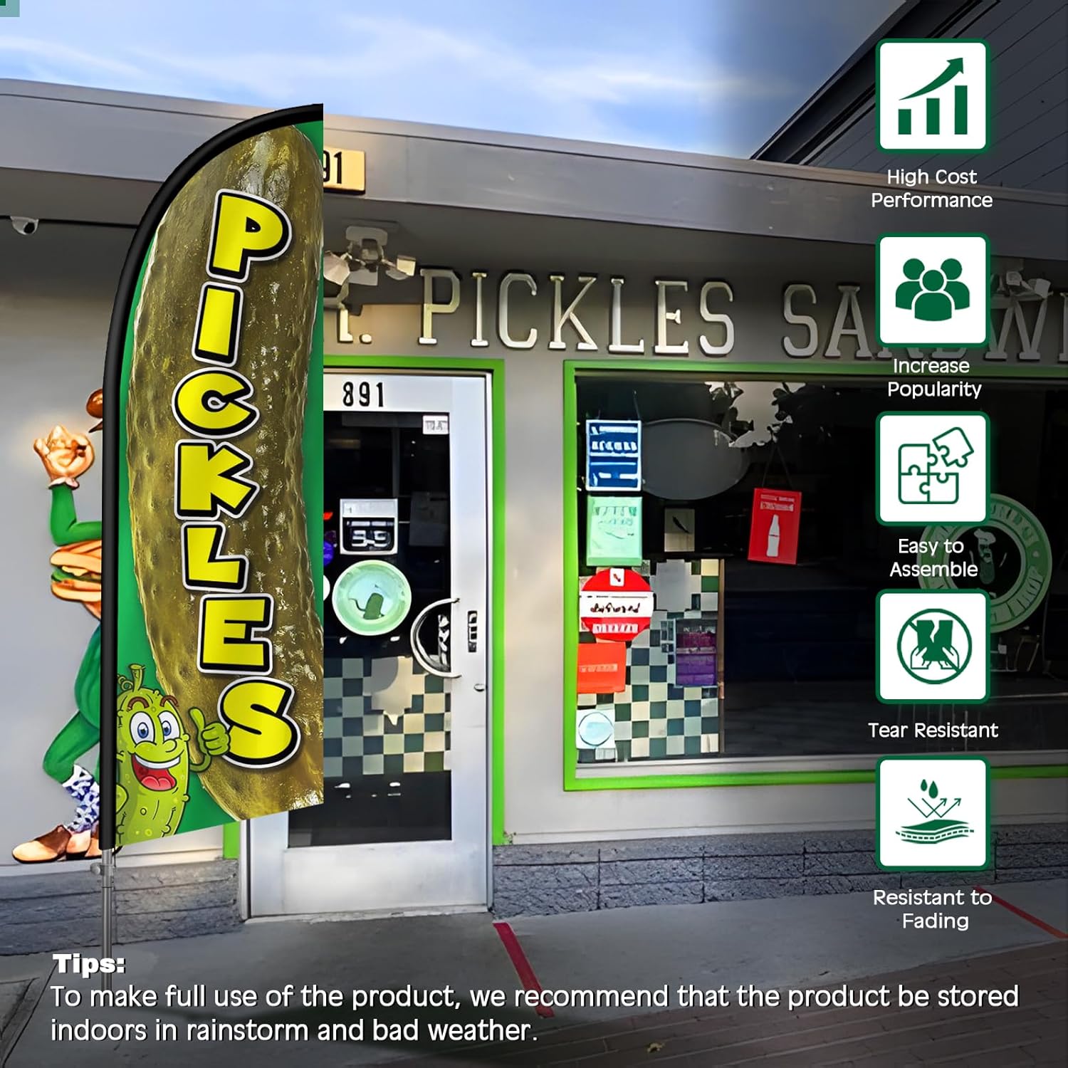 Pickles Flag for Business, Pickles 8FT Polyester Advertising Swooper Flag with Aluminium Alloy Flag Pole Kit, Stainless Steel, Ground Spike, Portable Bag
