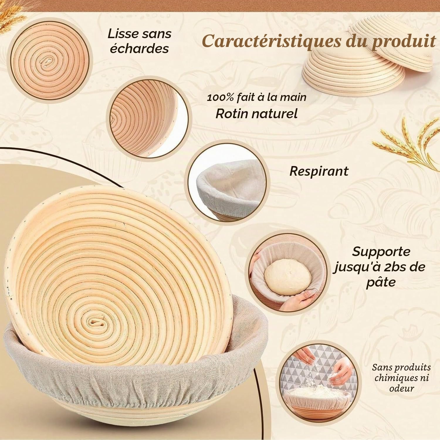 Lot de 6 paniers de fermentation ronds en rotin naturel de 15 cm pour pain