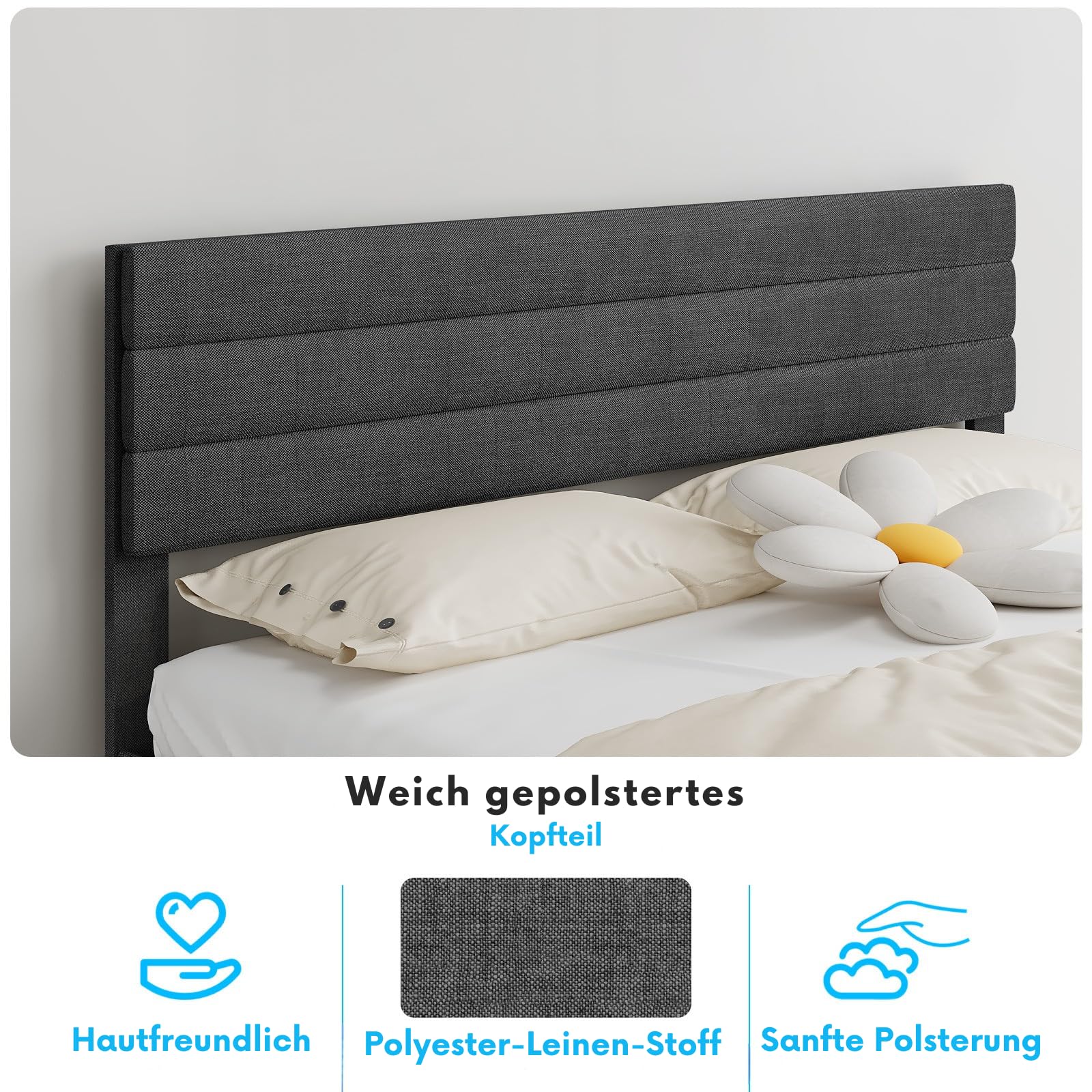 LEADZM Polsterbett 160x200cm Doppelbett, Grau