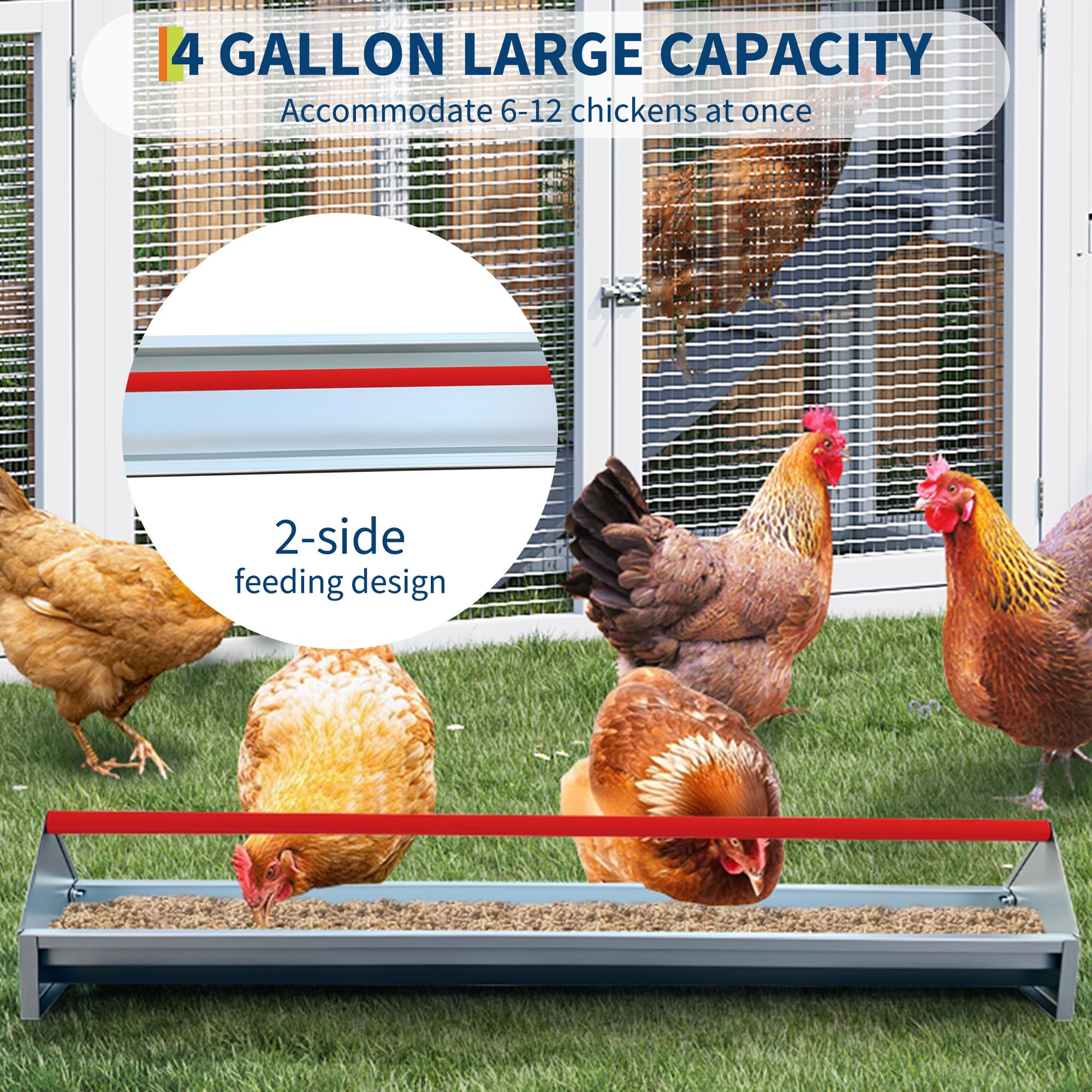 Garvee Comedero para Gallinas de 114,5 cm en Acero al Carbono con Barra Giratoria Roja y Orificios de Drenaje, Comedero de Gran Capacidad de 15L para Aves de Corral, Patos, Gansos y Pavos, Plateado