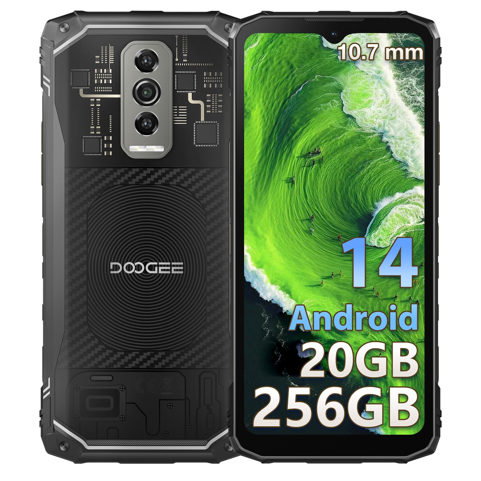 DOOGEE Blade10 Ultra Rugged Smartphone Android, 20GB+256GB/2TB TF, 50MP Camera, 10.7mm Ultra-thin Body, 3 Card Slots, 4G Dual SIM IP68/IP69K Rugged Phone, 6.56" Display, 5180mAh, NFC, Transp