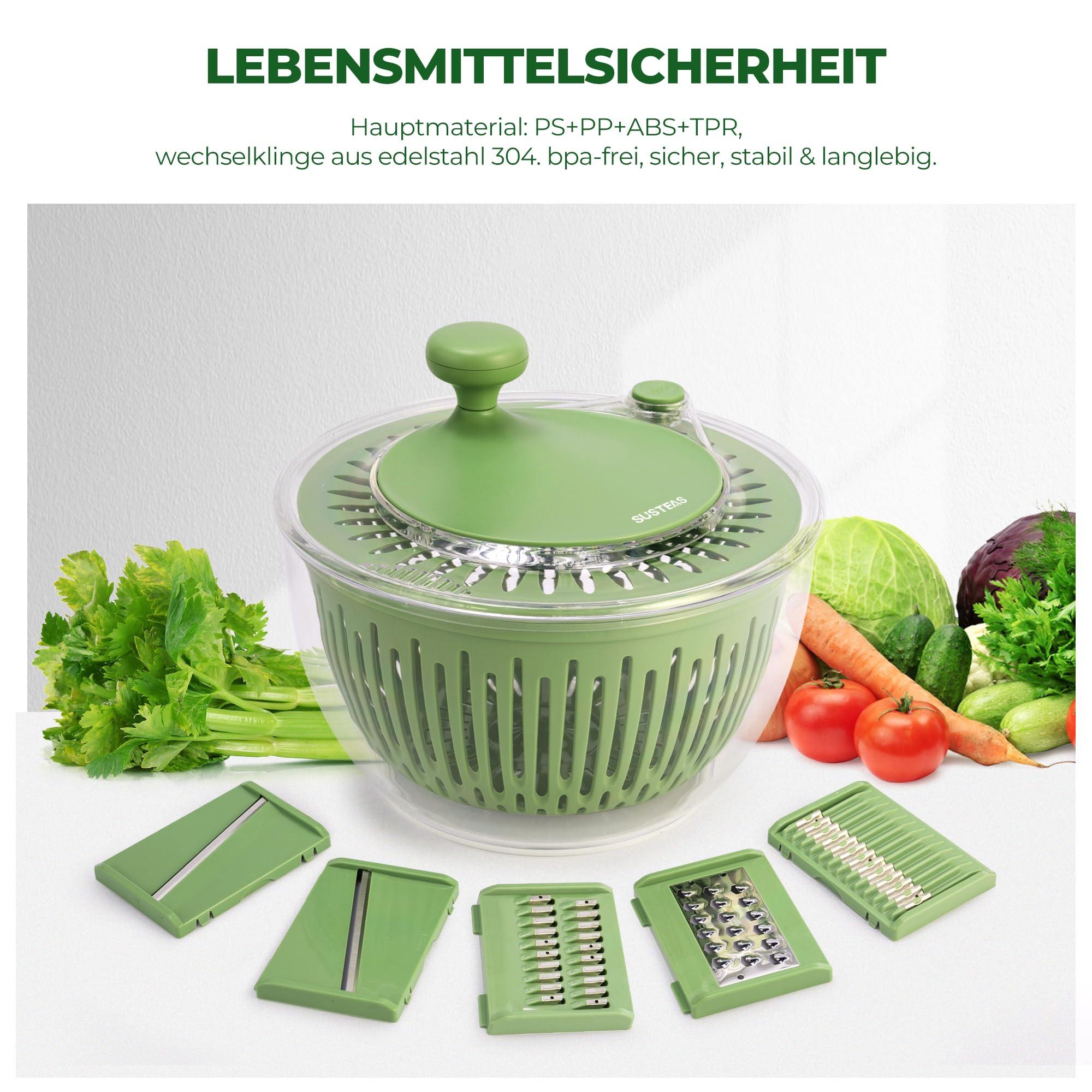 SUSTEAS Essoreuse à salade 4,25 L avec Bol de Lavage pour Légumes/Fruits, Égouttoir, Couvercle Trancheur avec 5 lames et Séparateur d'Œufs – sans BPA