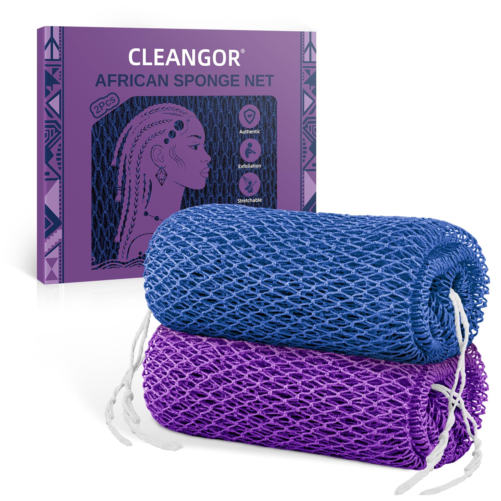 Cleangor 2Pcs African Net Sponge Authentic with Knots - Exfoliating Body