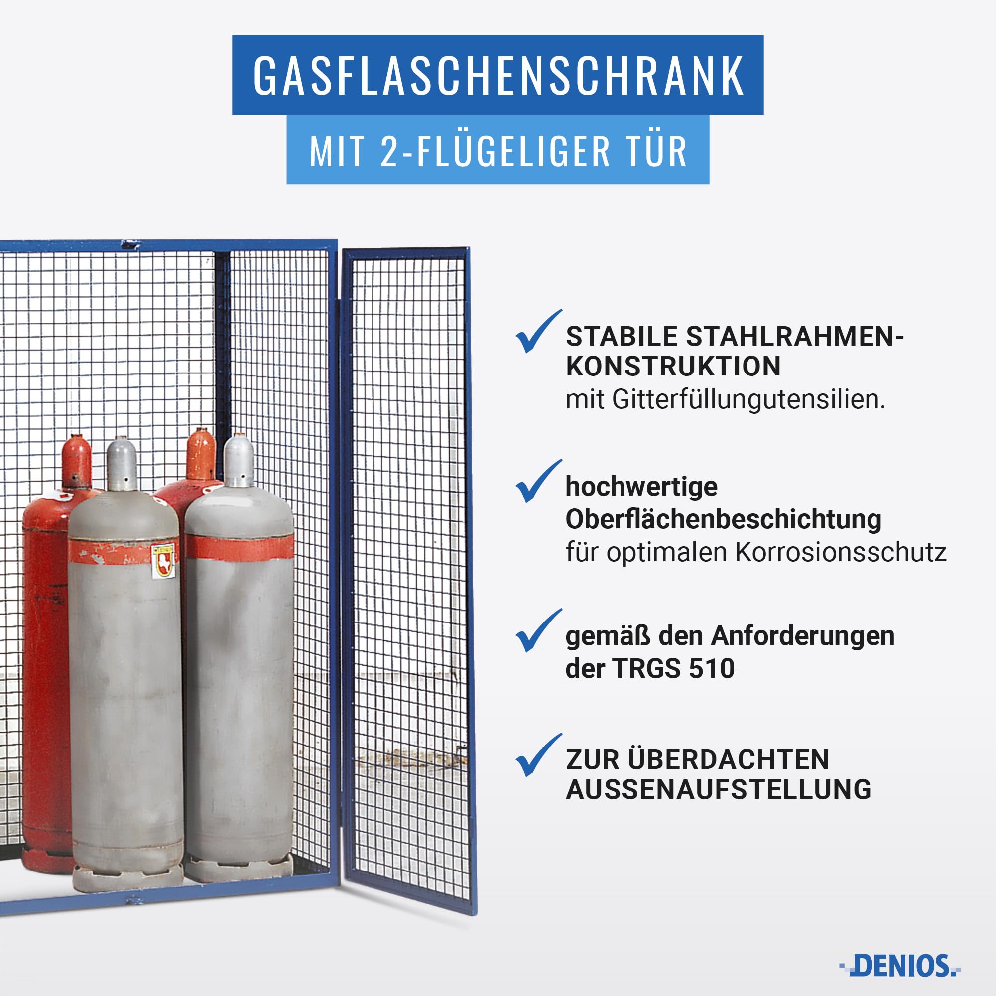 DENIOS® Gefahrstoffschrank aus Stahl I Gasflaschenschrank I Hochwertig I 1250 mm x 1850 mm x 800 mm, zur Lagerung von bis zu 8 Gasflaschen, überdachte Außenaufstellung