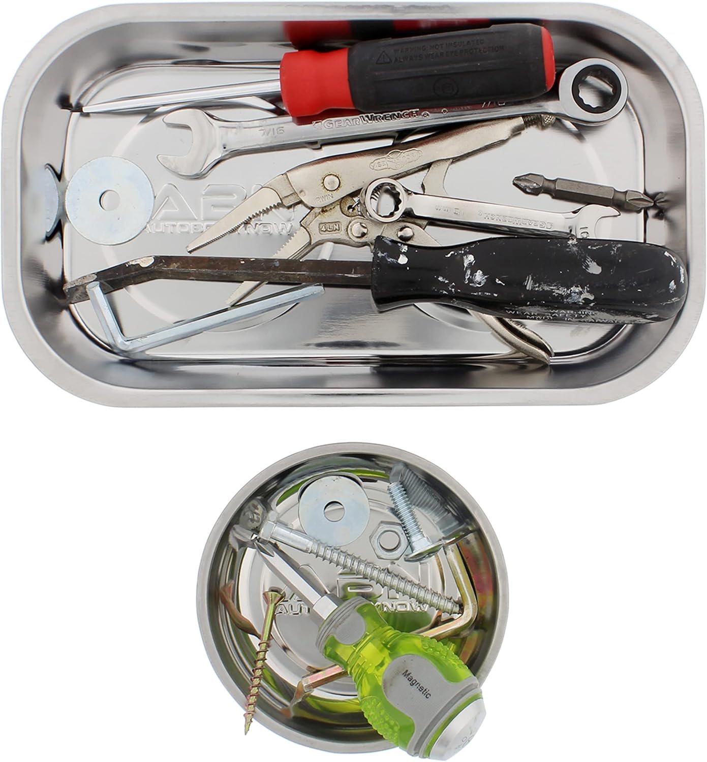 ABN 2pk Magnetic Tool Tray Set - 9In Rectangle and 4in Round Steel Mechanics Magnetic Parts Trays to Store and Organize Screws Nuts Bolts and Small Tools