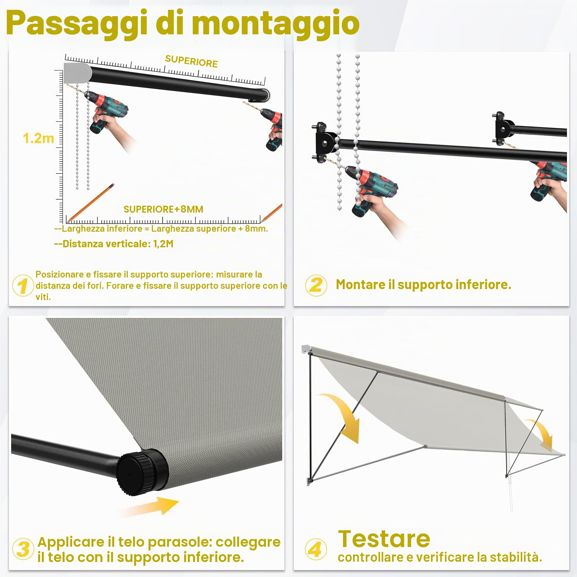 Tenda da sole a braccio snodato retrattile in alluminio 200x145 cm grigio per balcone terrazza finestra
