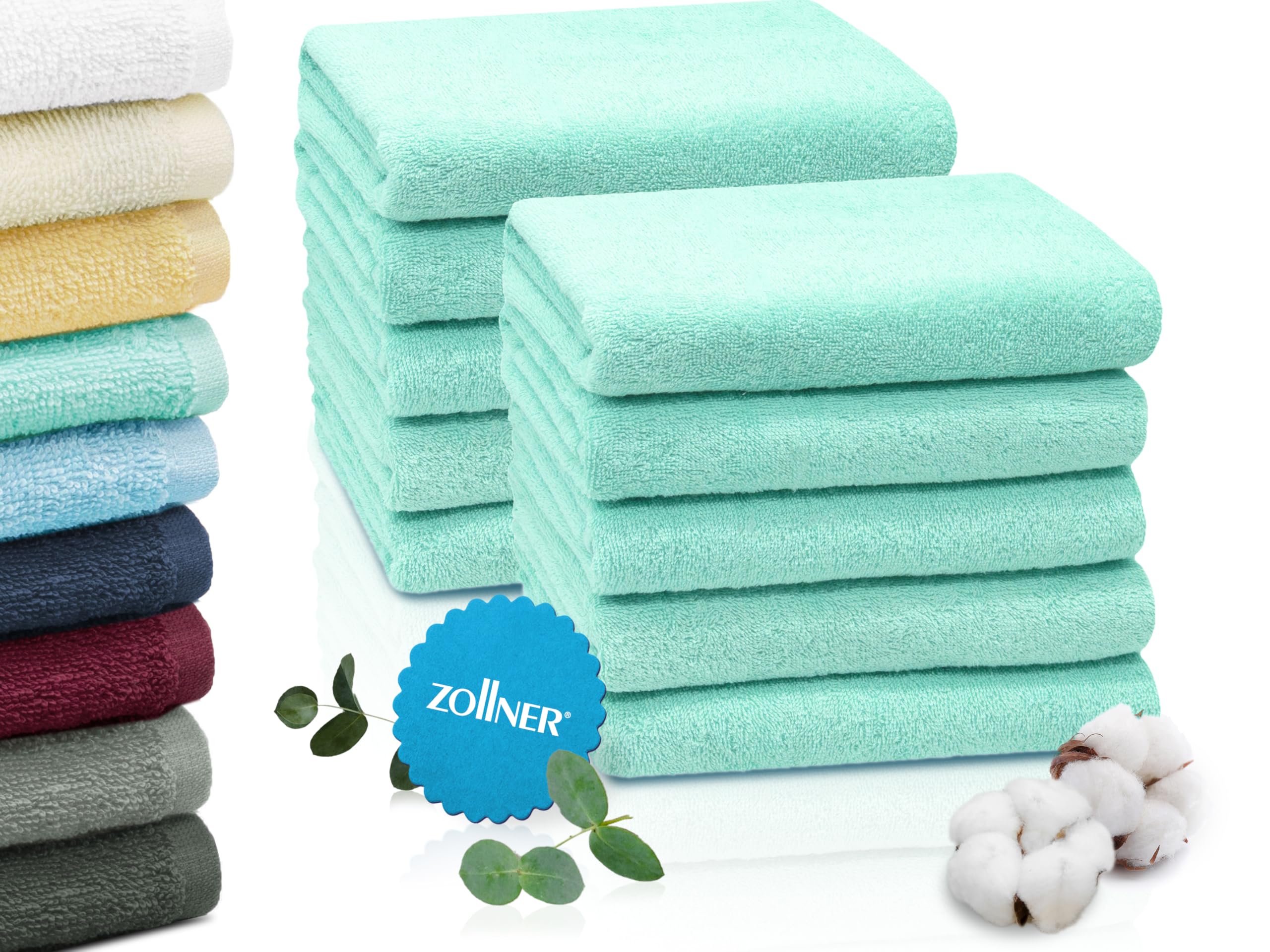 ZOLLNER Set de 10 Serviettes en 50x100 cm - Serviettes de Douche très absorbantes et Douces en Menthe - avec accroche Pratique - lavables à 95°C - Coton - qualité hôtelière