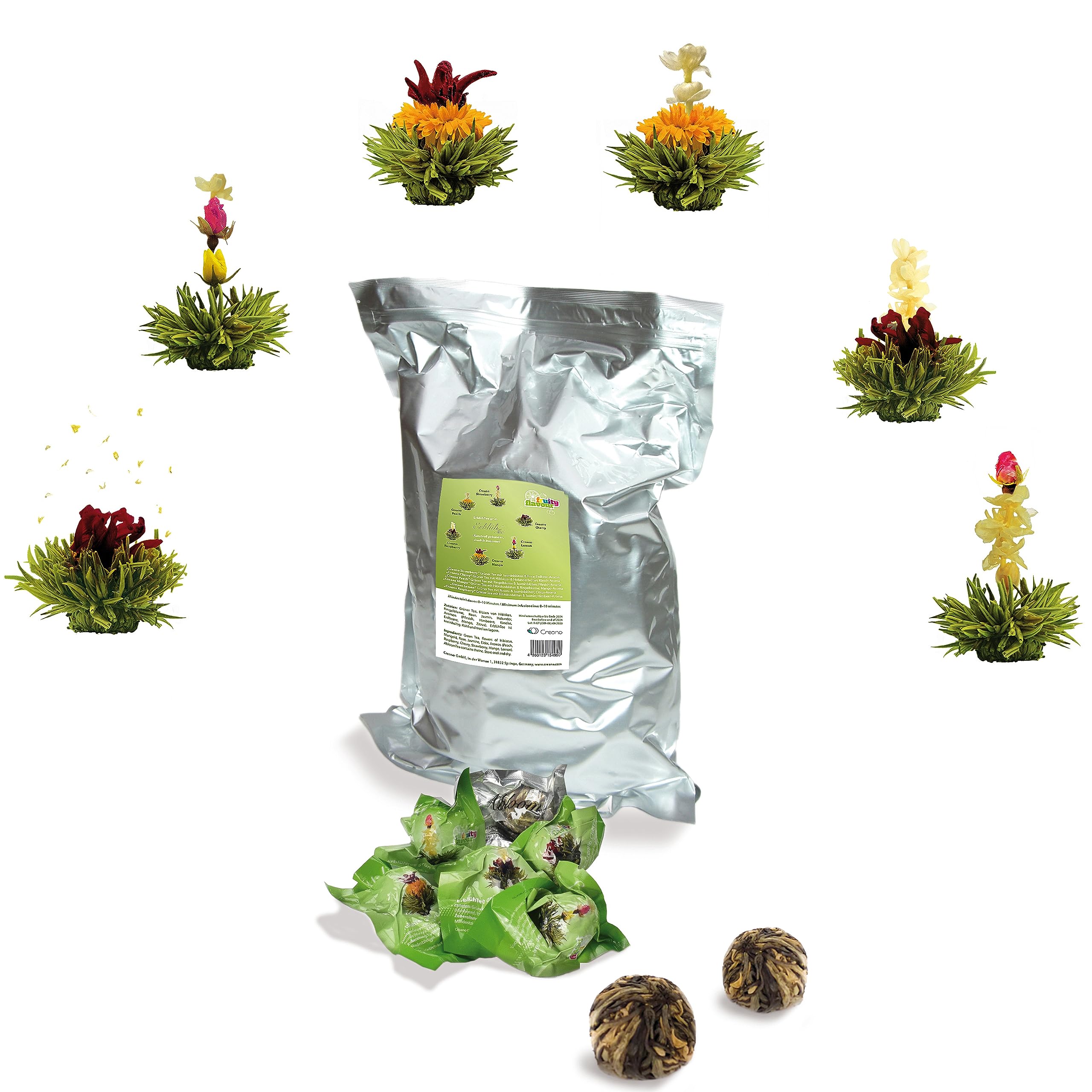 Creano „Fleurs de Thé“ Verts – Paquet en Vrac de 6 variétés – Thé Vert aromatisé – Recharge pour théière – 2 à 3 infusions par fleur