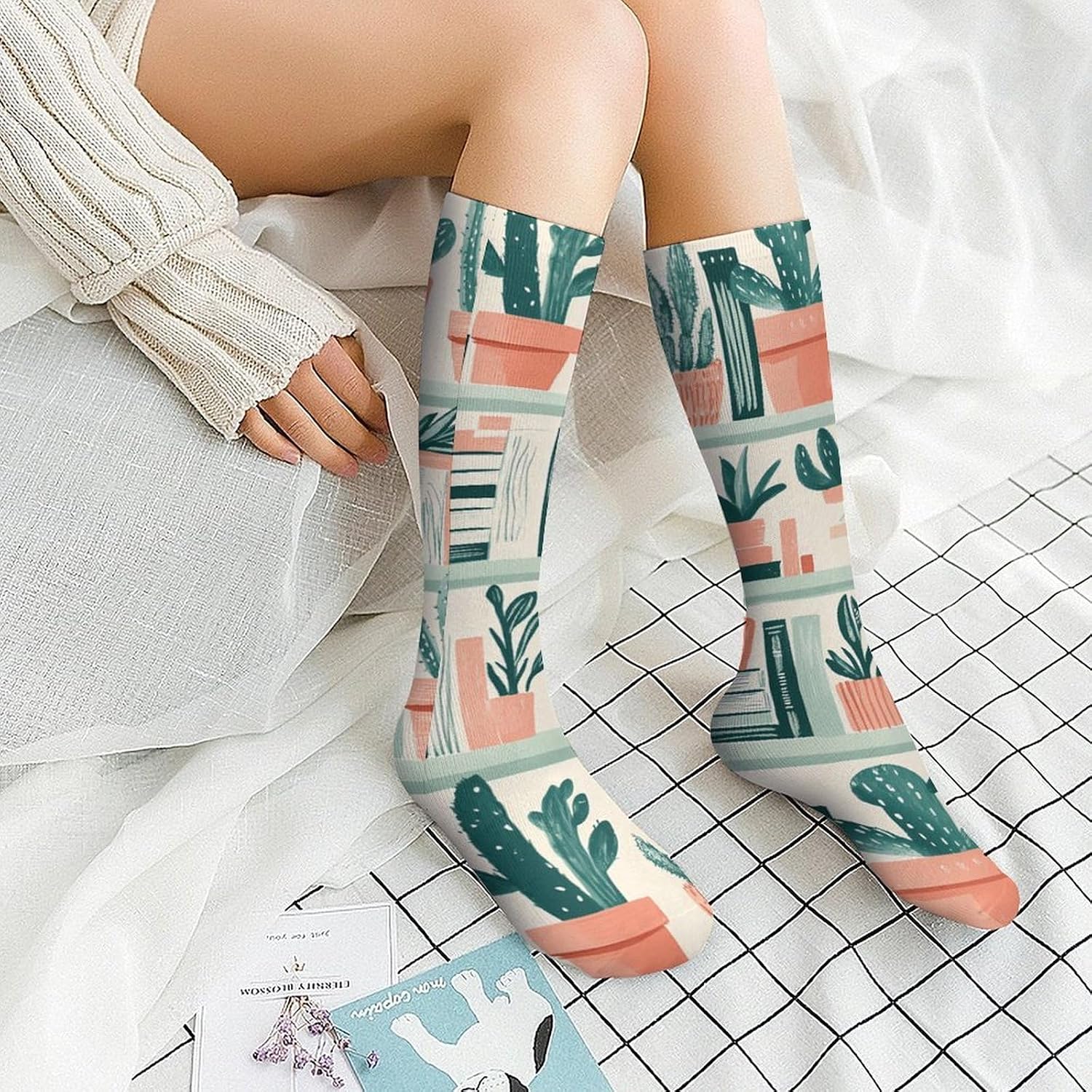 Succulents Potted Plants Books Knee High Socks Casual Long Stockings Over Calf Sock Tube for Women Men