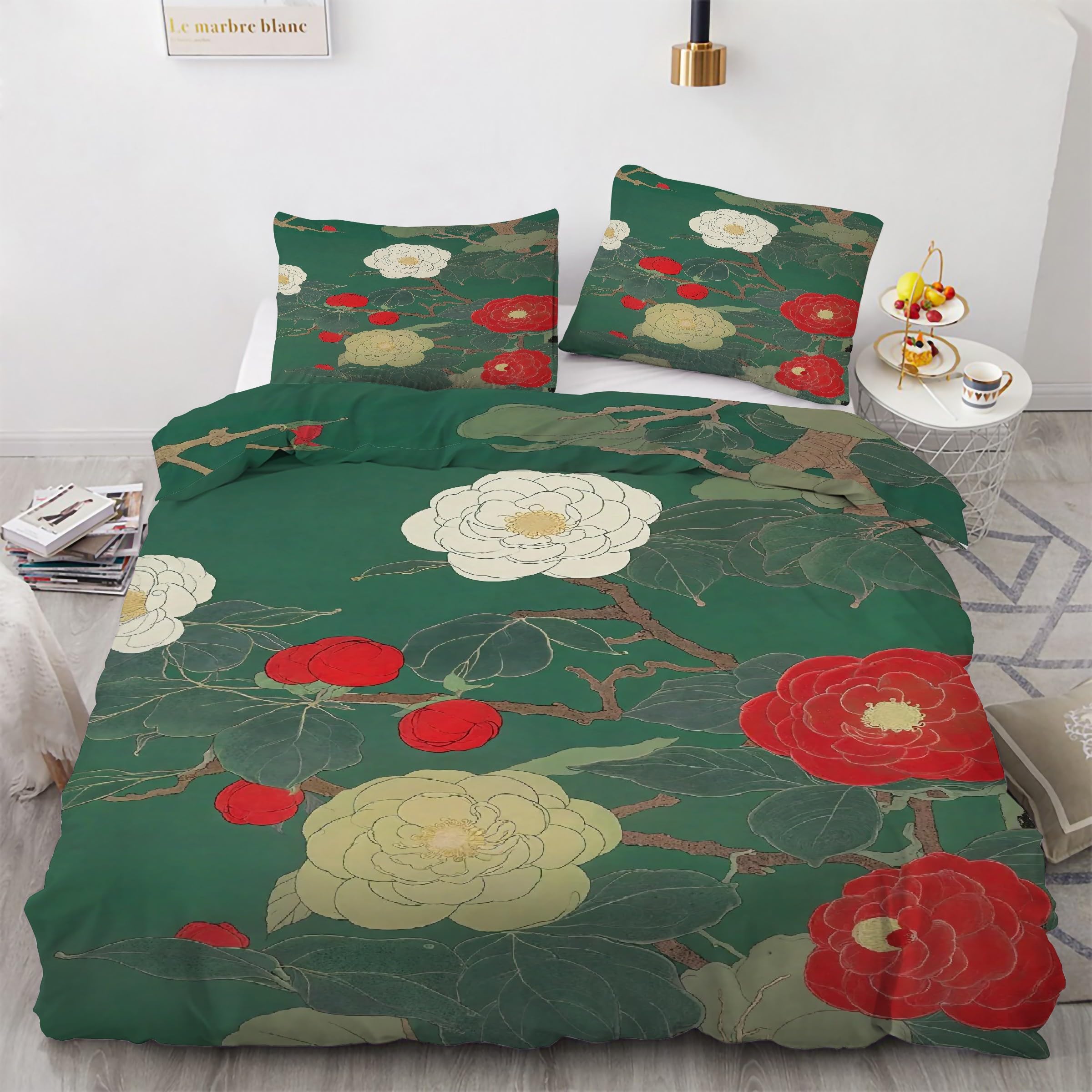 Housse de Couette 240 x 260 Fleur De Pivoine - Parure de Lit 3 Pièces en Microfibre Douce - KG2886