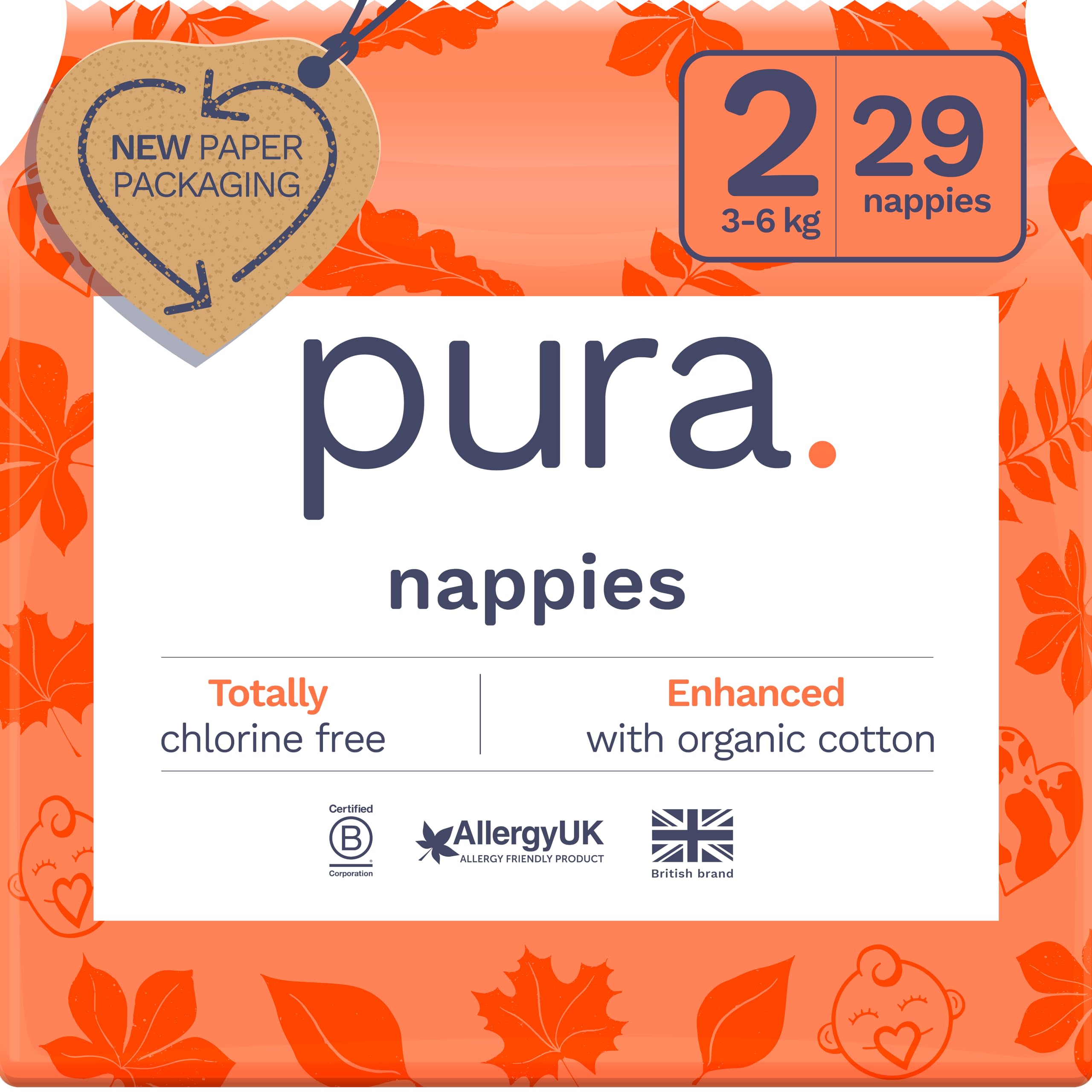 Pura Eco Baby Nappies - Size 2 (3-6kg / 6-13lbs), 1 Pack (29 Nappies), Ultra Soft Nappies for Sensitive Skin, Organic Cotton, Wetness Indicator, Umbilical Cord Cutout, New Size Guide